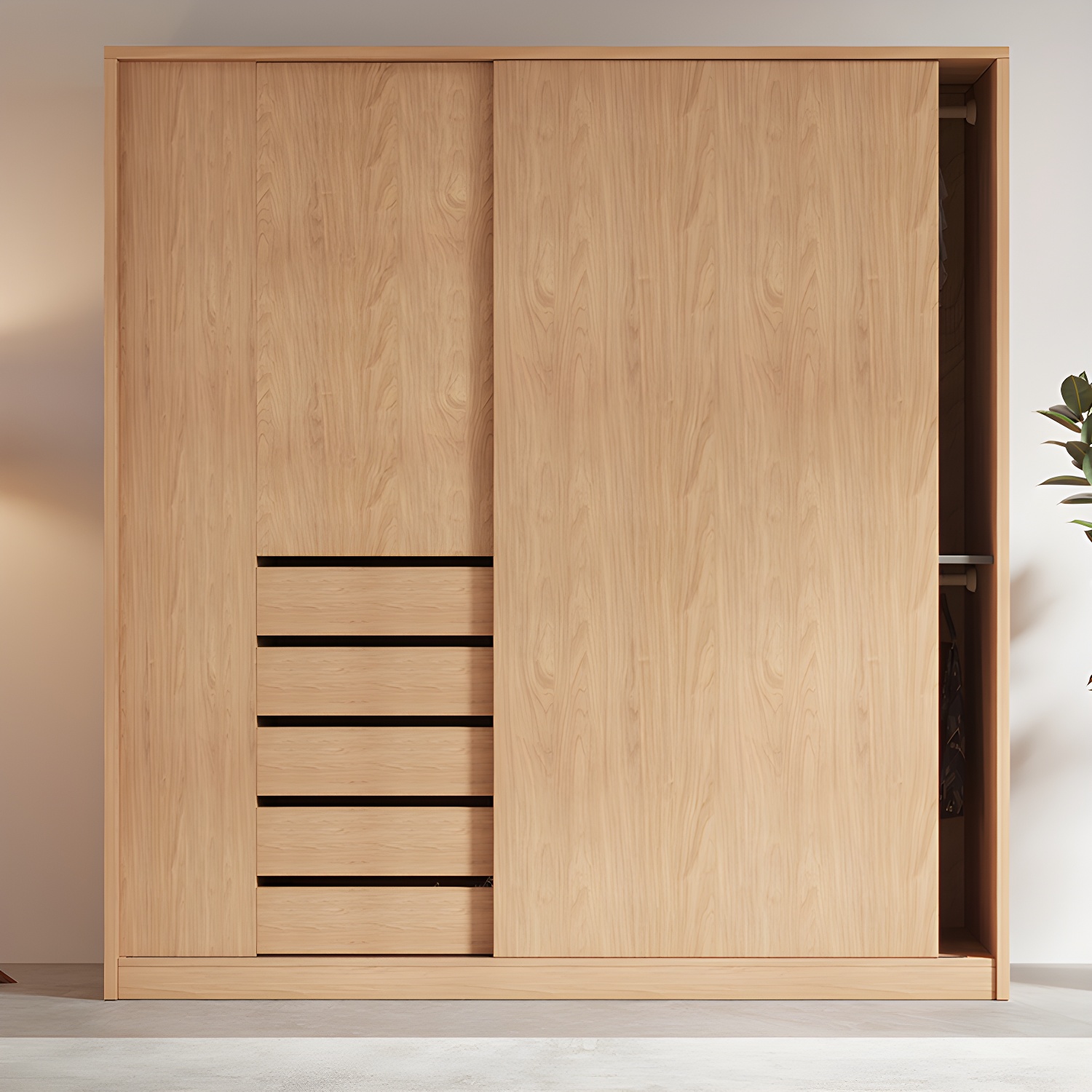 Natural Finish Modern Wardrobe Armoire Solid Wood and Engineered Wood Armoire