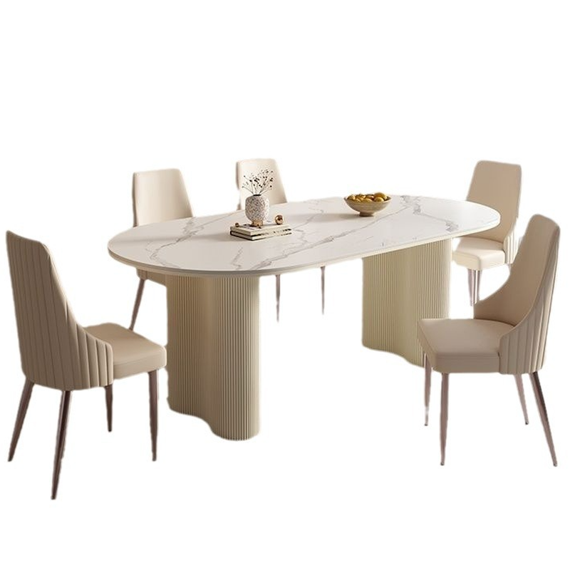 Modern Simple Style Oval Slate Dining Table Set with Dual Footing, Solid Back Panel in Chalk Color - image 6