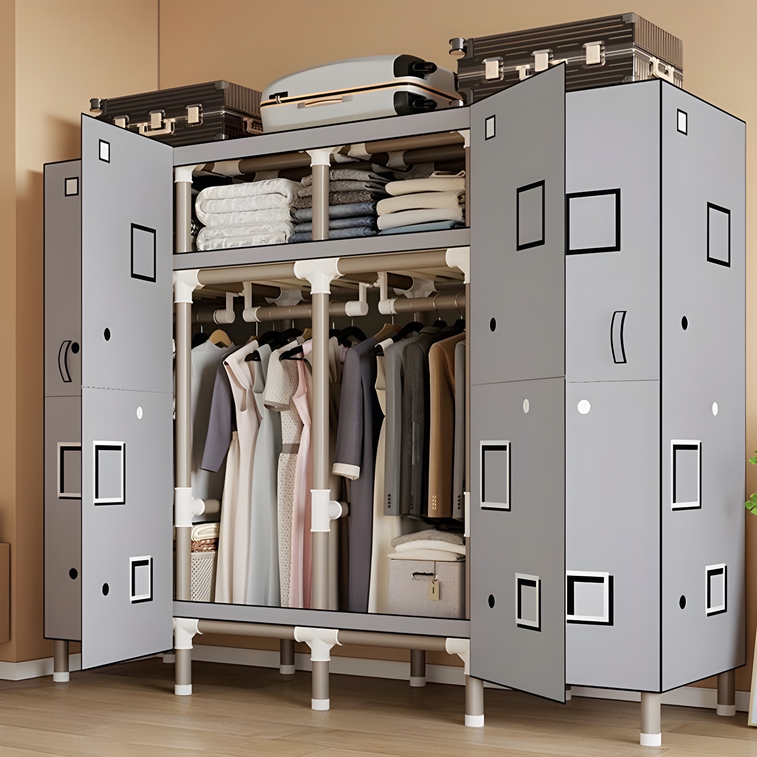 Foldable Freestanding Wardrobe Metal Frame Multifunctional Wardrobe for Bedroom - image 7