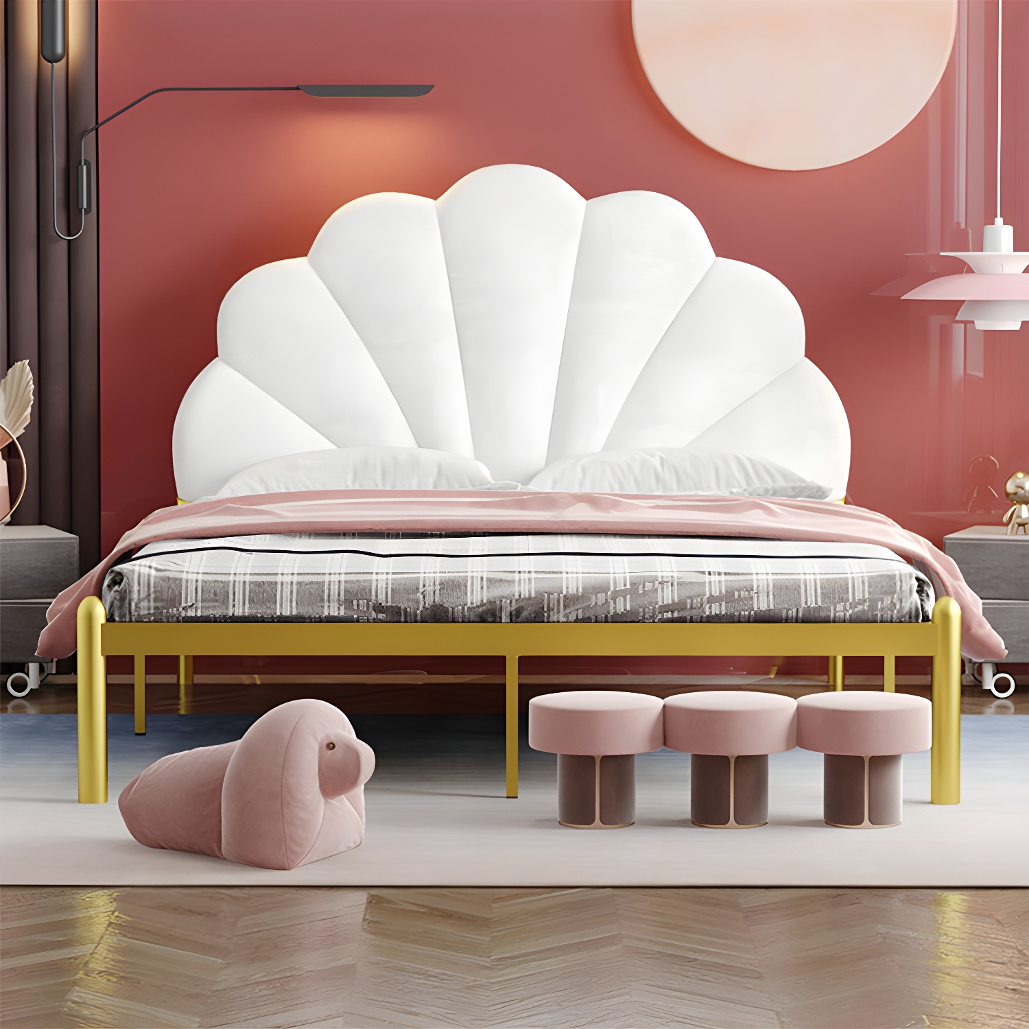 shell Suede Upholstered Headboard ,47 inch High Metal Panel Bed - image 4