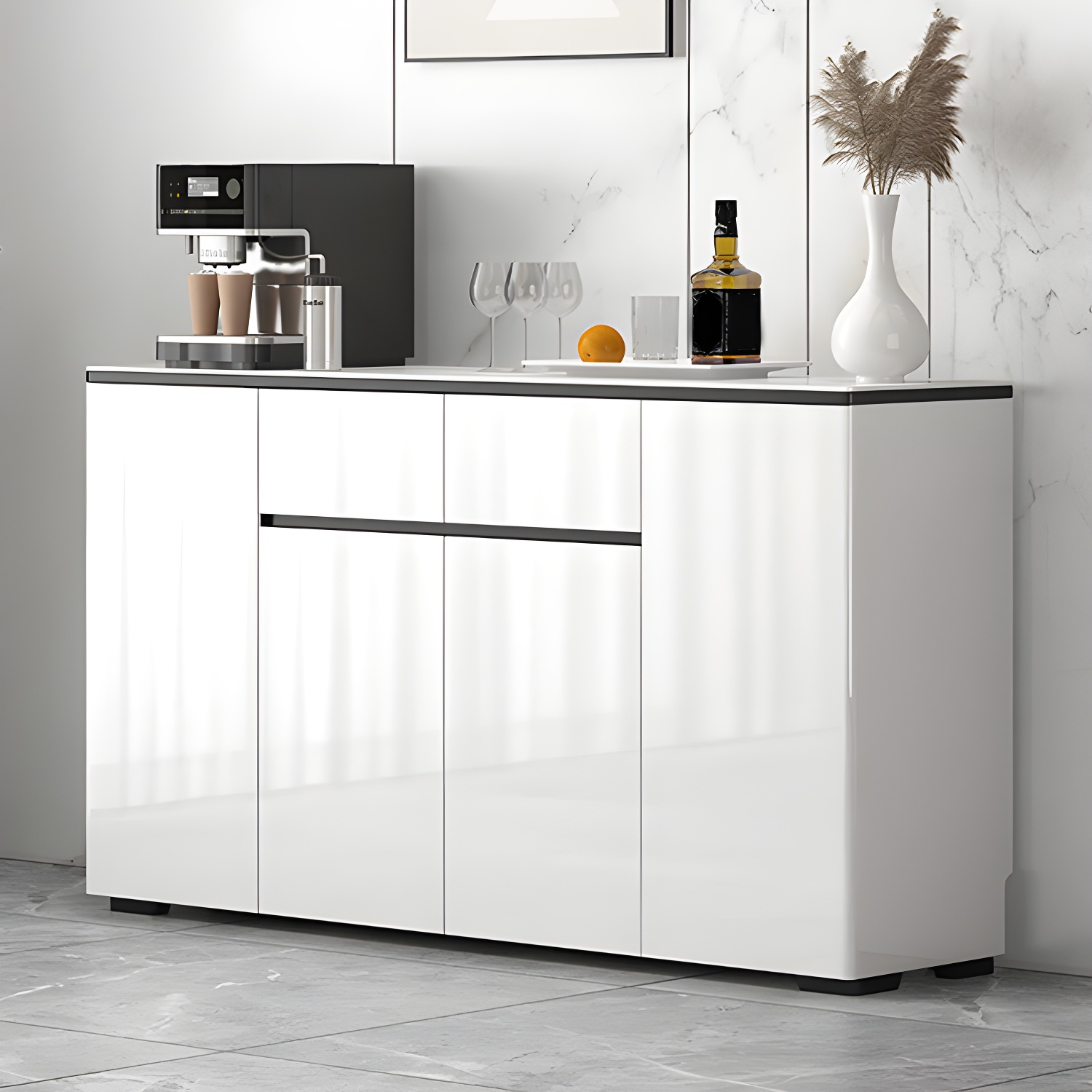 Modern White Sideboard with Glass Countertop, Cabinets, and Drawers - image 9