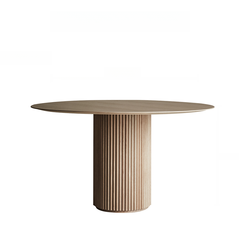 Fixed Rounded Dining Table for 4/2 People/Seats 6 with Ribbed Leg and a Slate/Wooden Tabletop in Natural/Chalk in a Nordic Style