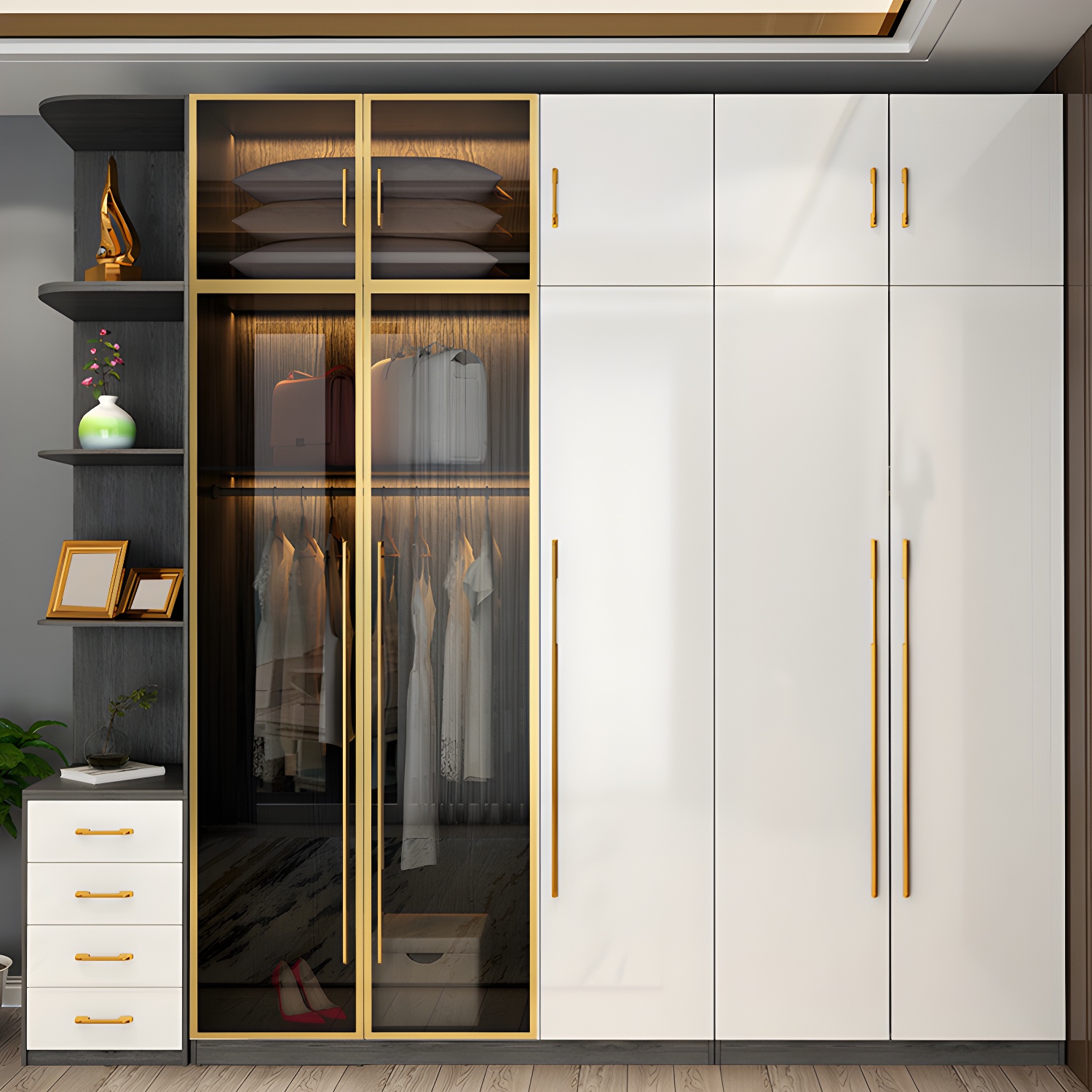 Modern Tempered Glass Doors Wardrobe Wood Frame Wardrobe without Light - image 11