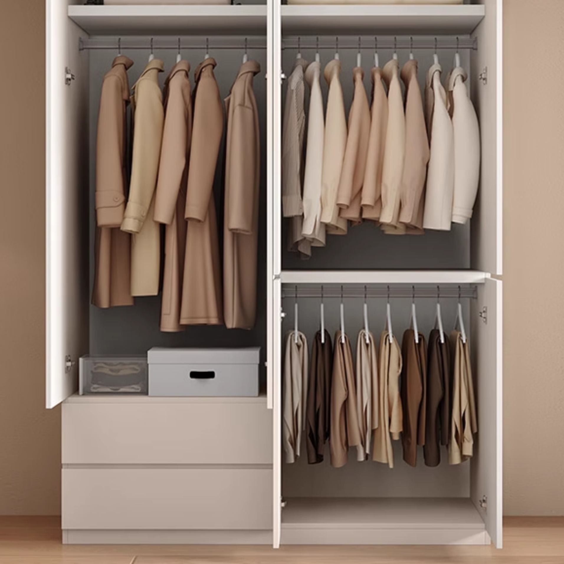 Sleek White Timber Contemporary Unattached Cabinet Armoire with 2 Drawers, Interior Shelves, and Hanging Rod - image 3