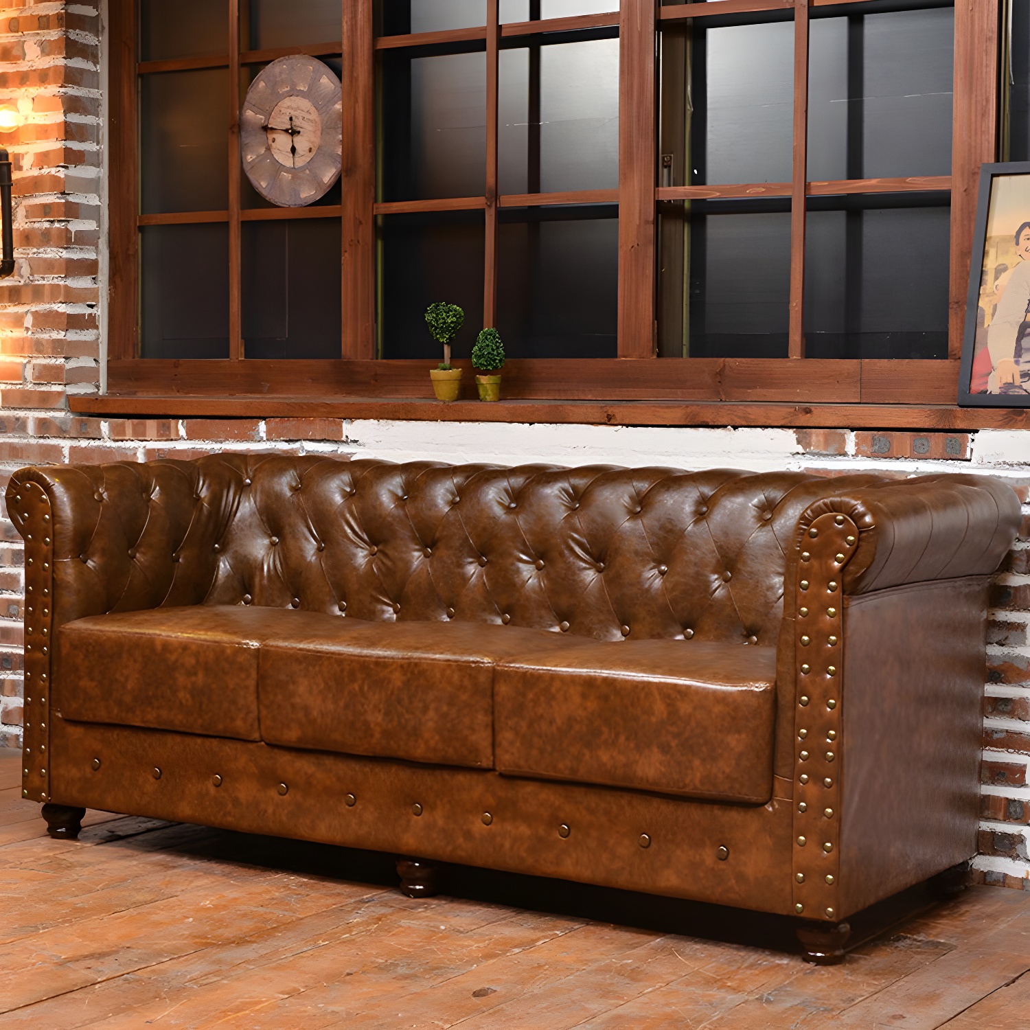Vintage Leather Chesterfield Sofa 29.53"High Rolled Arm Sofa for Cafe - image 4