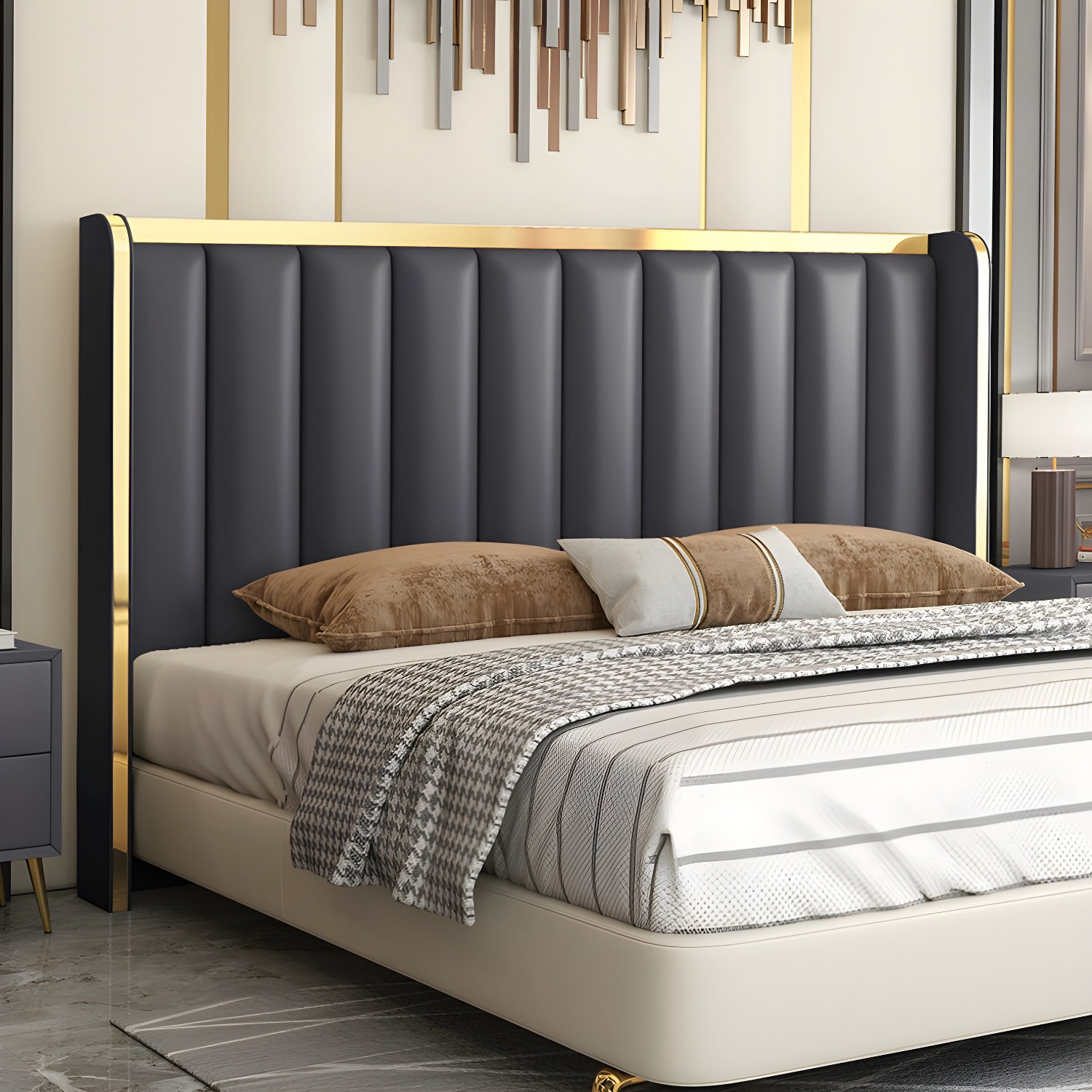 Modern Upholstered Leather Wingback Headboard with Wood Legs and Rectangular Shape - image 2