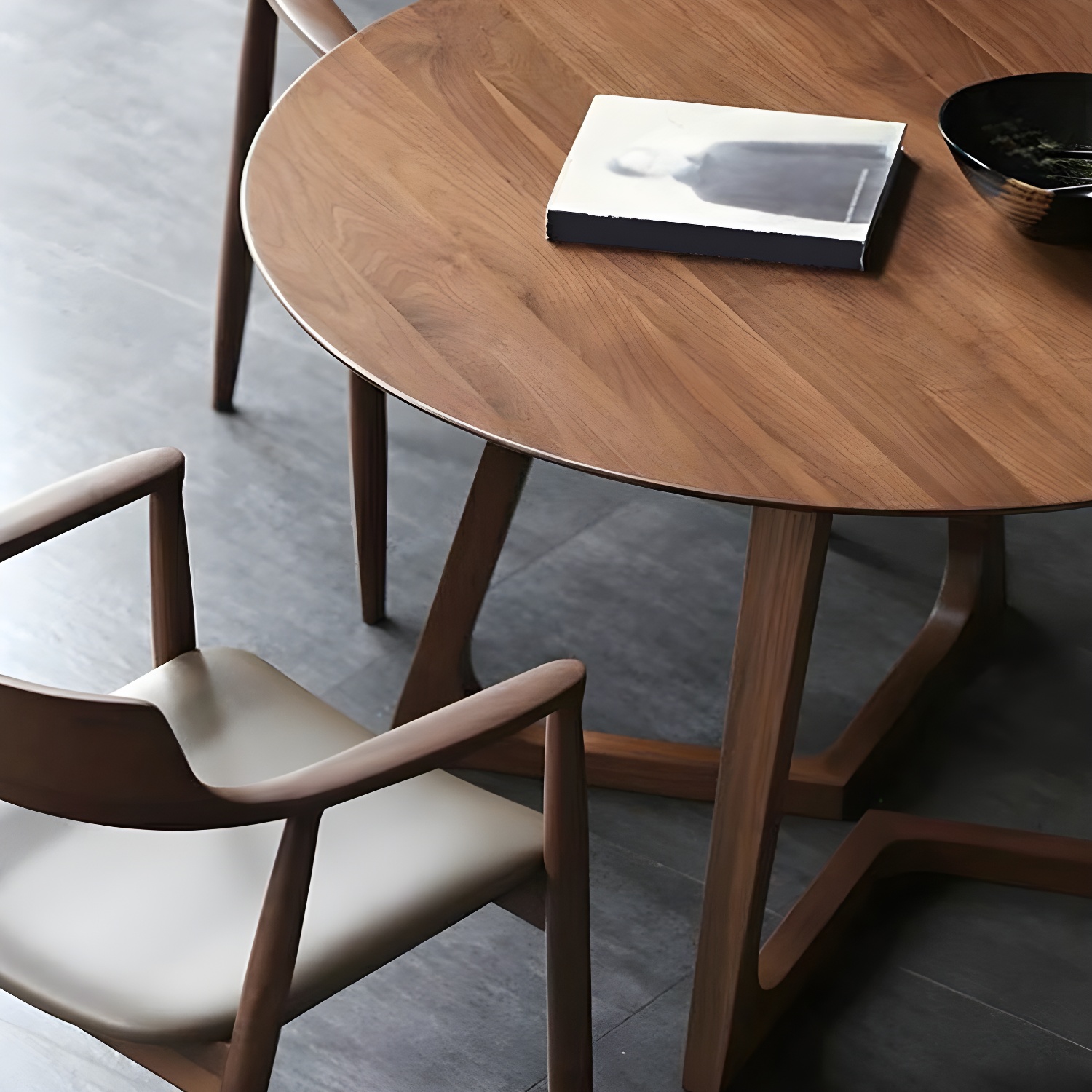 Scandinavian Brown Round Wood Dining Table with Double Pedestal Base - image 8