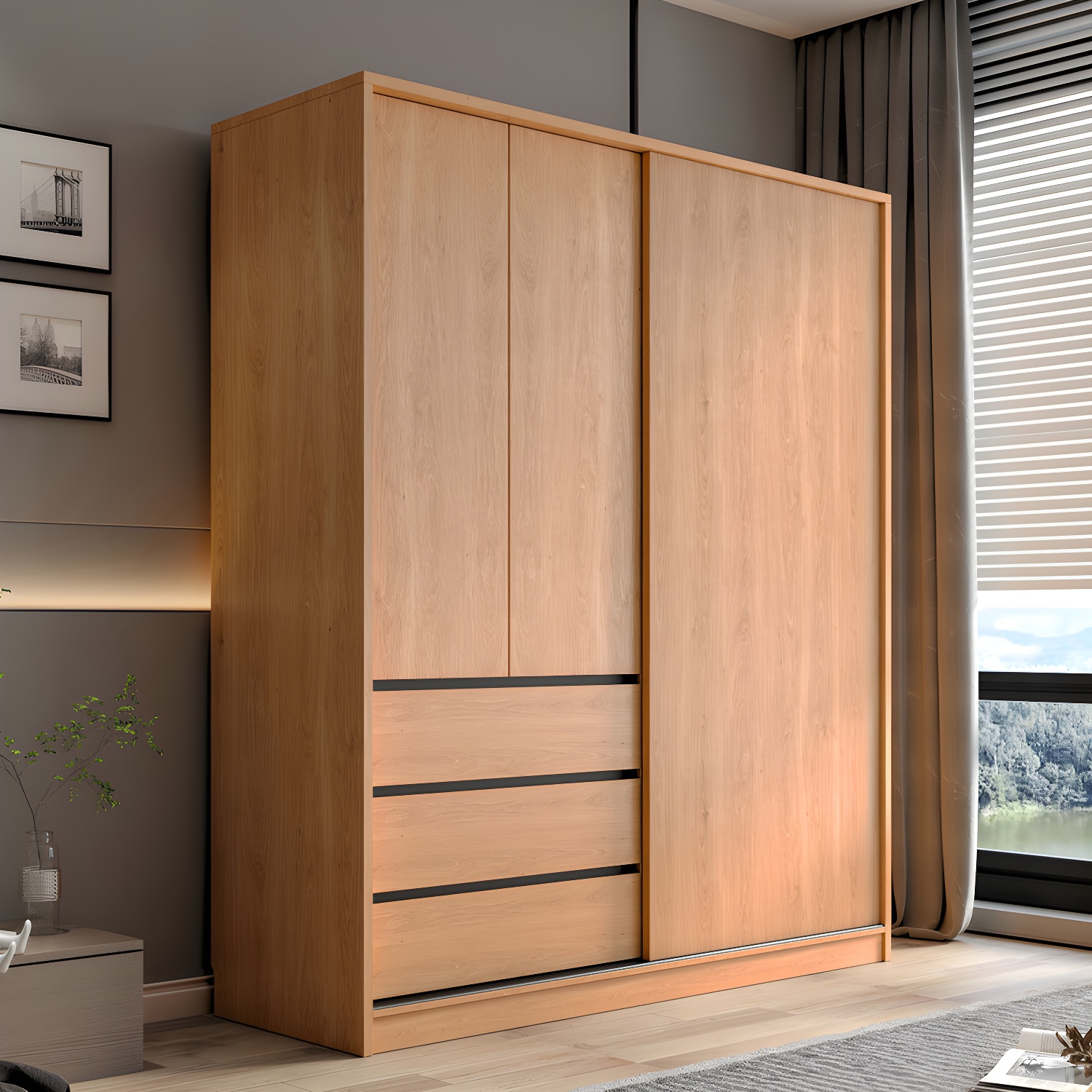 Engineered Wood Wardrobe Armoire with Drawer Contemporary Wardrobe Closet
