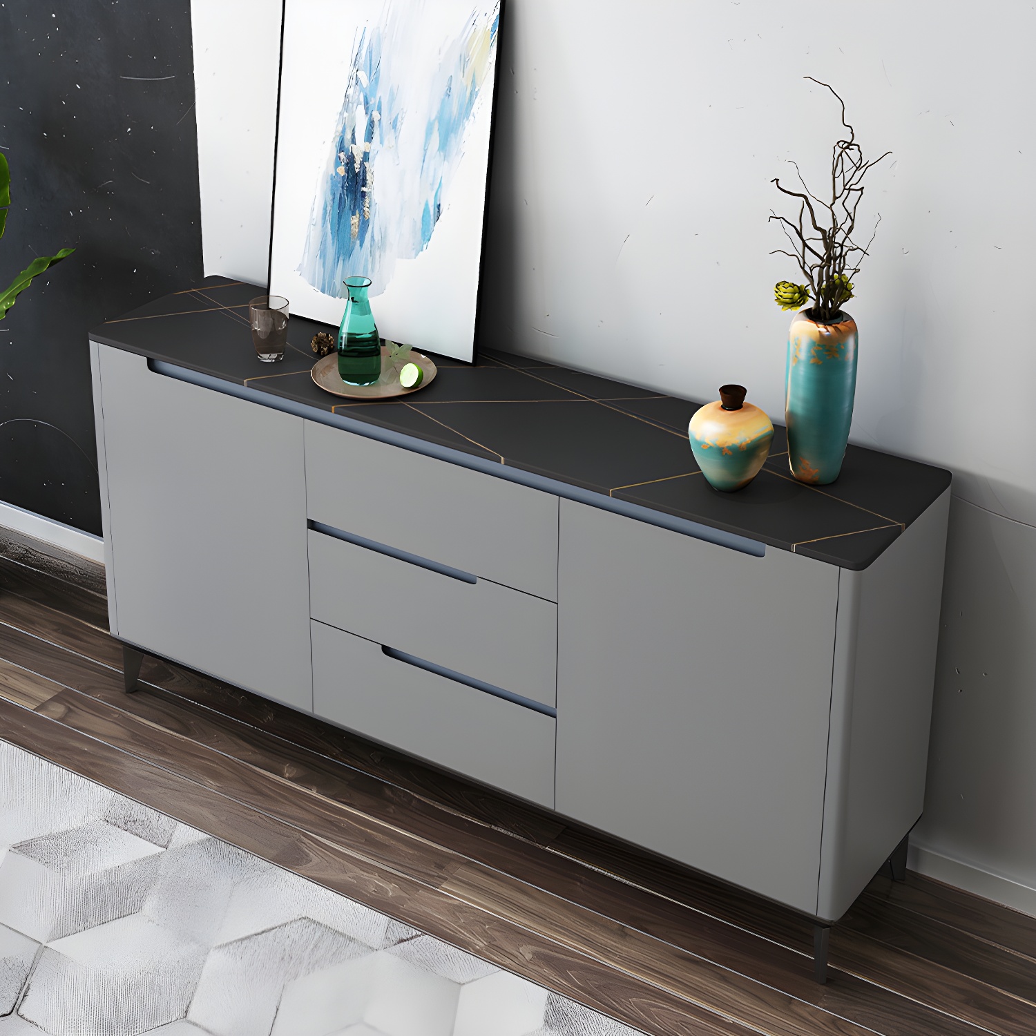 Modern Antique Finish Credenza 3 Drawer Sintered Stone Sideboard Cabinet