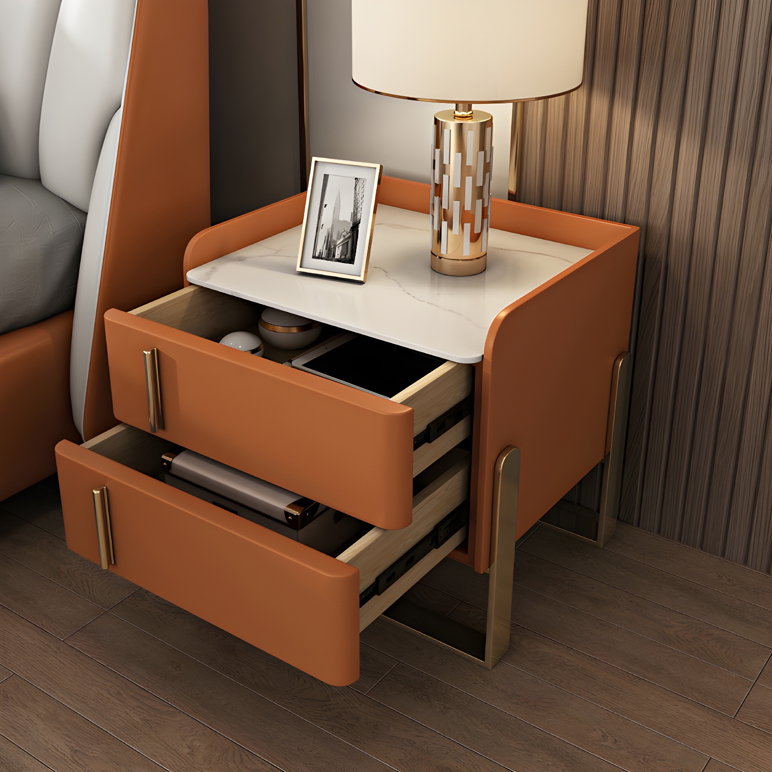 Glam Nightstand with 2 Drawer 20-inch Tall Leather Night Table - image 21