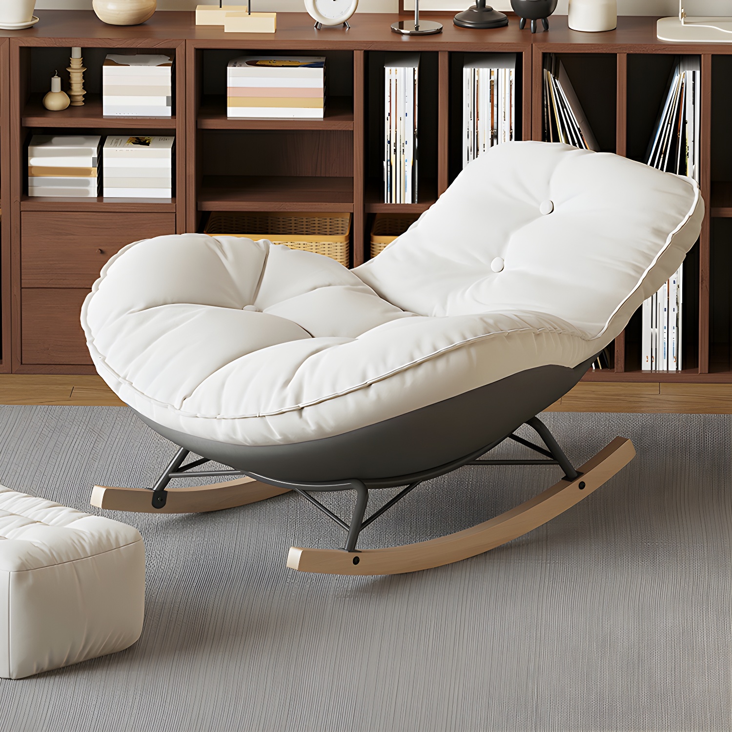 Contemporary Upholstered Rocking Chair with White Tufted Flannel Cushion and Solid Wood Legs - image 6