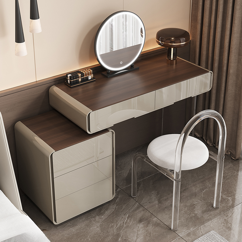 Modish Large/Standard Vanity Set in Gray with 5/8 Drawers, Polymer Frame, Mirror Lights, and Chair