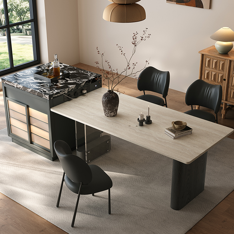 Dining Table Set with Rectangular Slate Stone Top and Two-sided Pedestal, Featuring Padded Chair with Back, 5-piece in Ivory