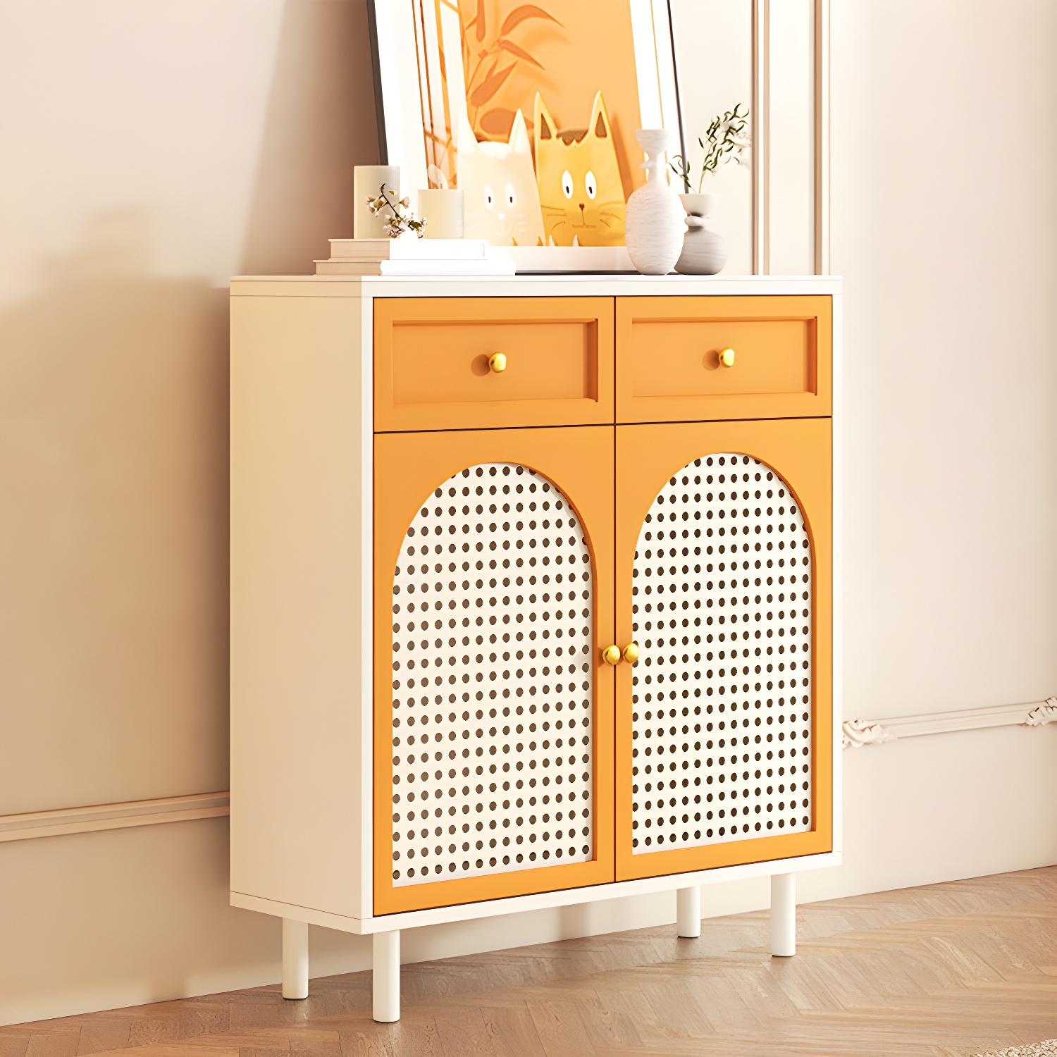 Scandinavian Wood Buffet with Countertop, Drawers, and Cabinets