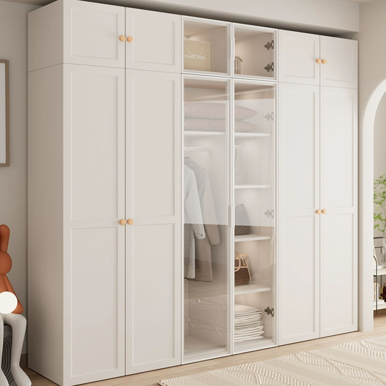 Modern White Wardrobe Armoire with Clothing Rod and Shelves - Soft Close, No Distressing