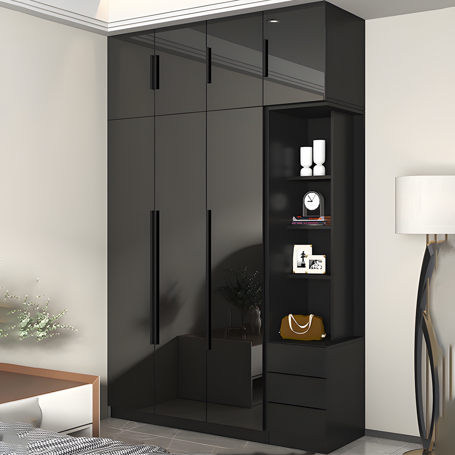 Modern Glass Doors Wardrobe Cabinet Black Bedroom Storage Cabinet Excluding Lighting - image 4