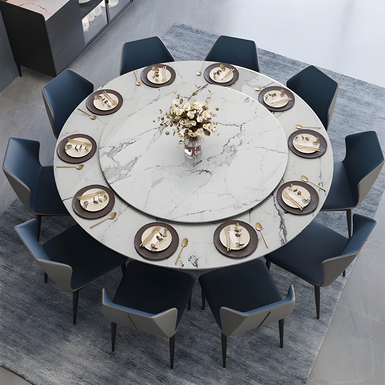 Contemporary Stone Round Dining Set 1/4/7/11 Pieces Turntable Dining Furniture for Home - image 2