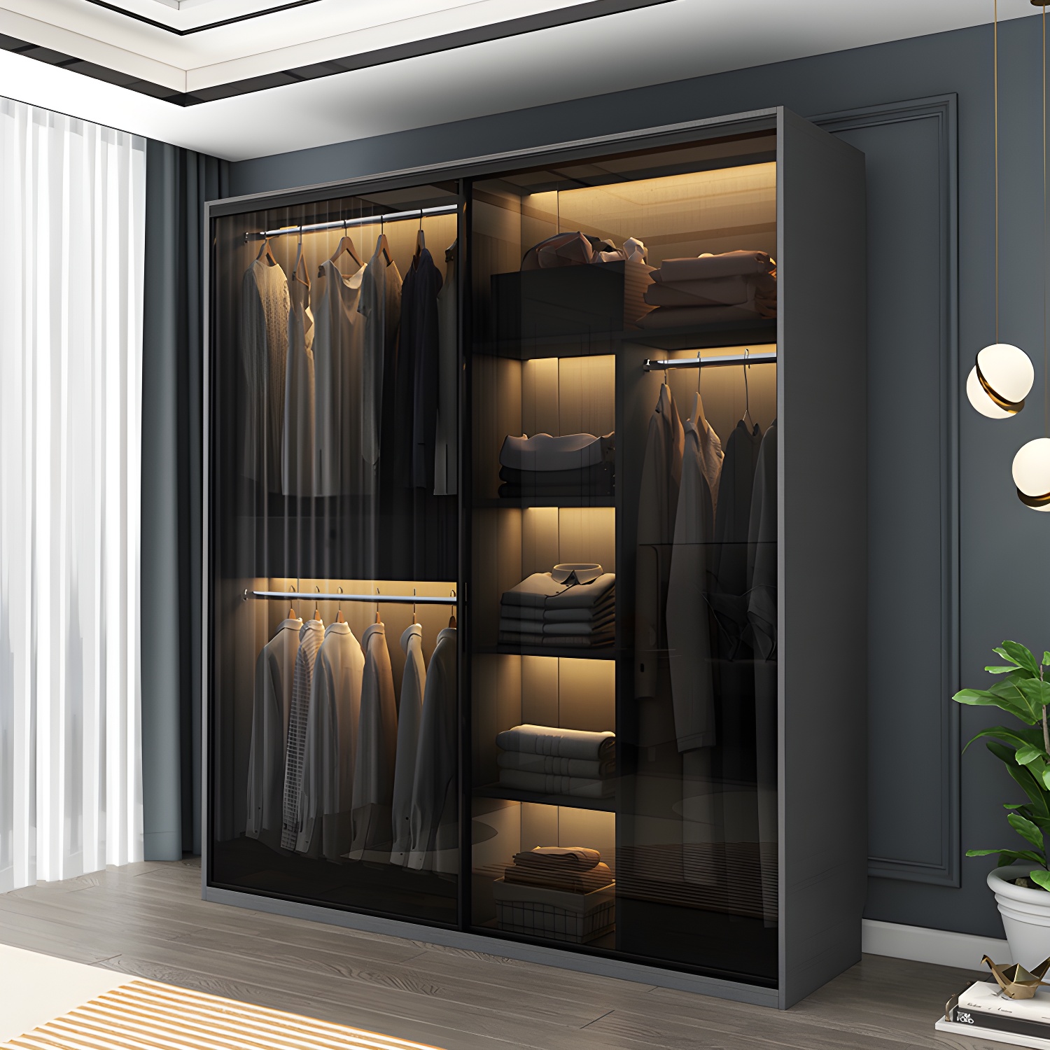 Modern Style Glass Wardrobe Bedroom Wardrobe Closet with 1 Drawer - image 4