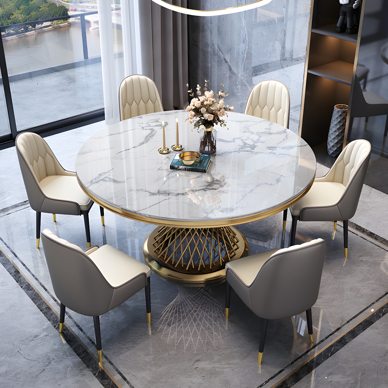 Round White Marble Modern Dining Table with Gold Steel Pedestal Base