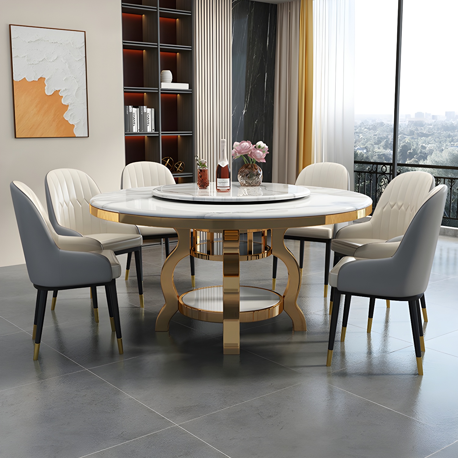 Kitchen 1/7/9/11 Pcs Dining Set with Round Dinette Table and Leather Chairs