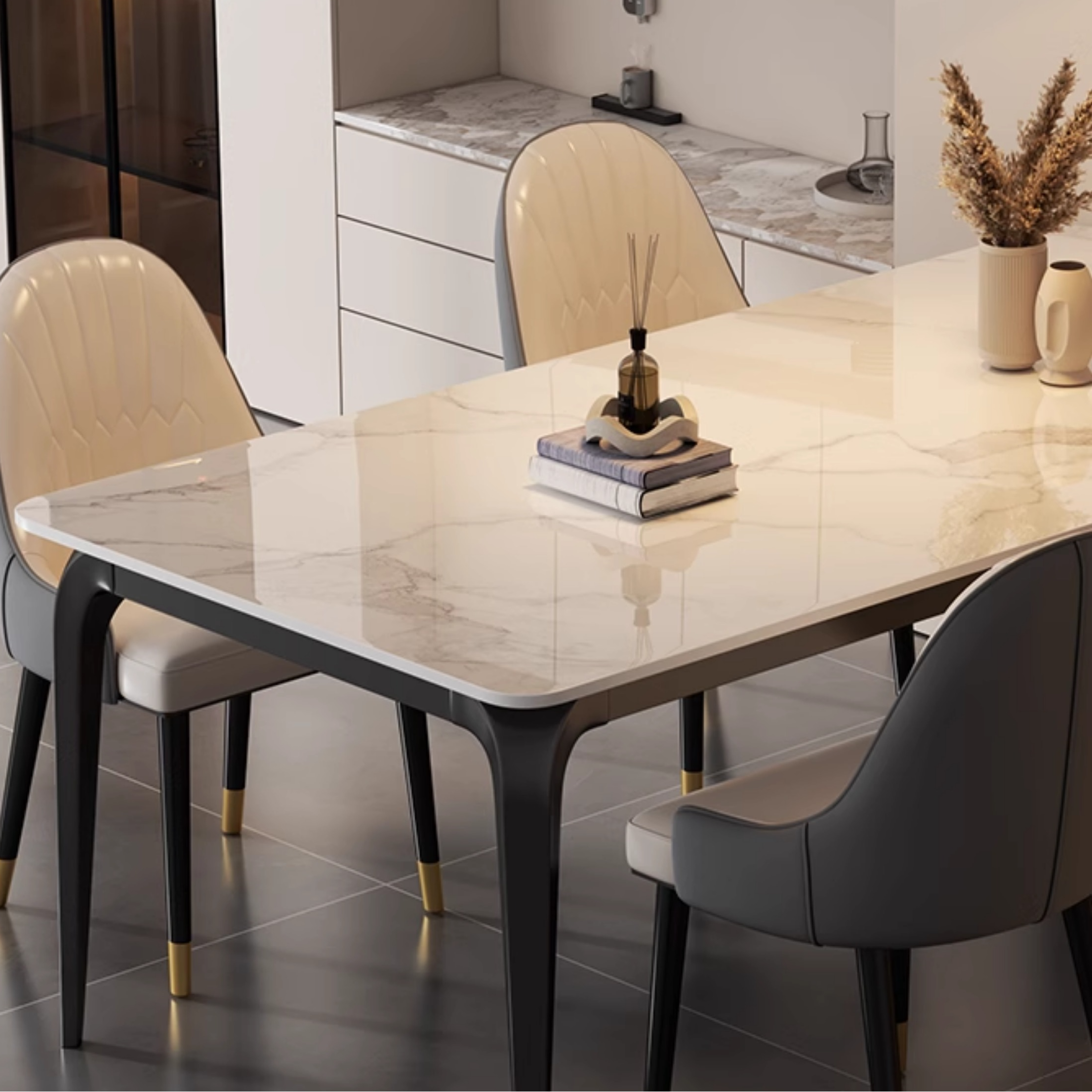 Trendy White/Charcoal/Light Gray Rectangle Scratch Resistant Sintered Stone Top Dining Table for 4/8 People/Seats 6, Standard Table Height - image 13