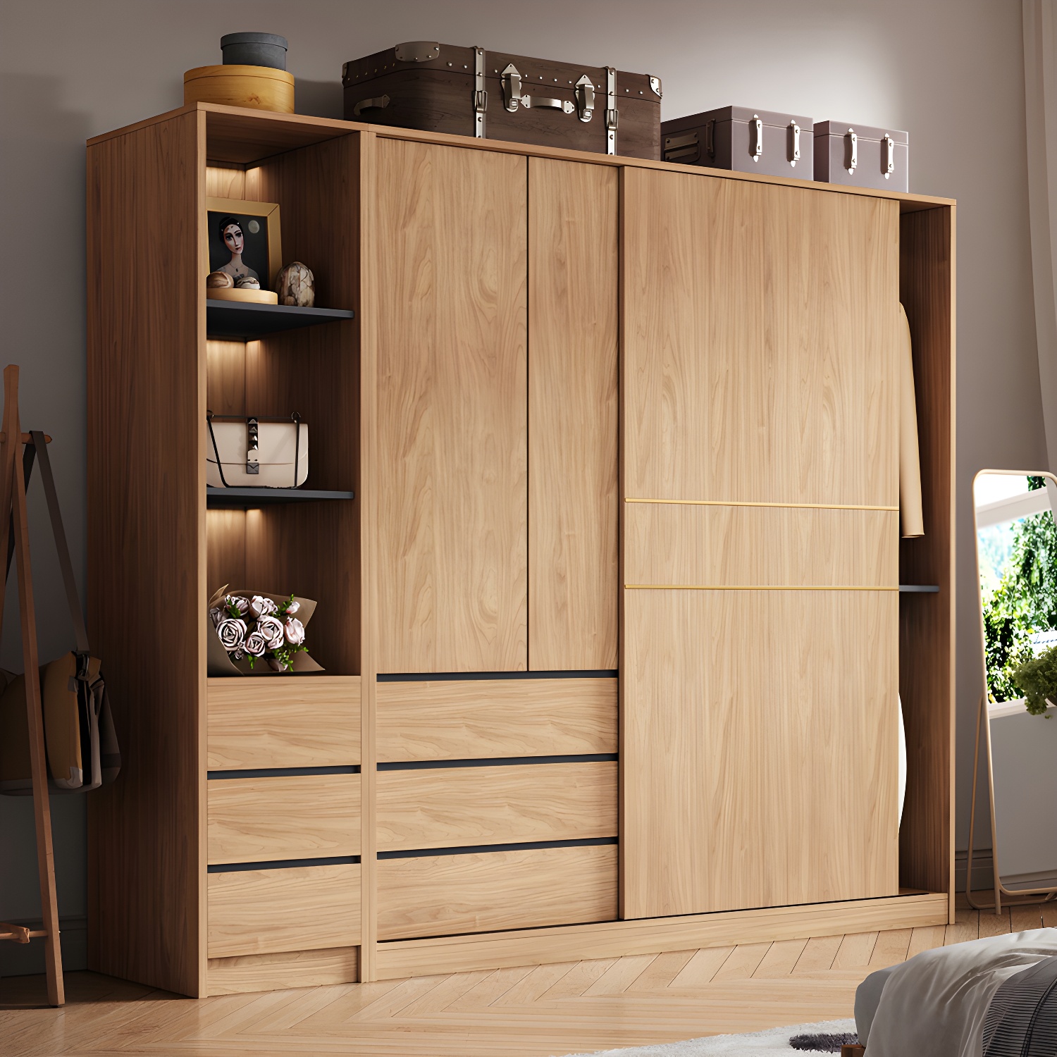 Natural Finish Wardrobe Armoire Sliding Wardrobe Cabinet with Drawer