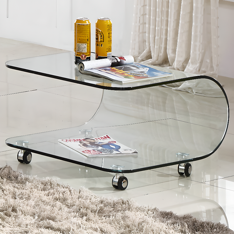 Transparent Wheel coffee table with Roller Wheels, Locker, 1 Shelf/2-Tier and Square/Square for Indoor Use