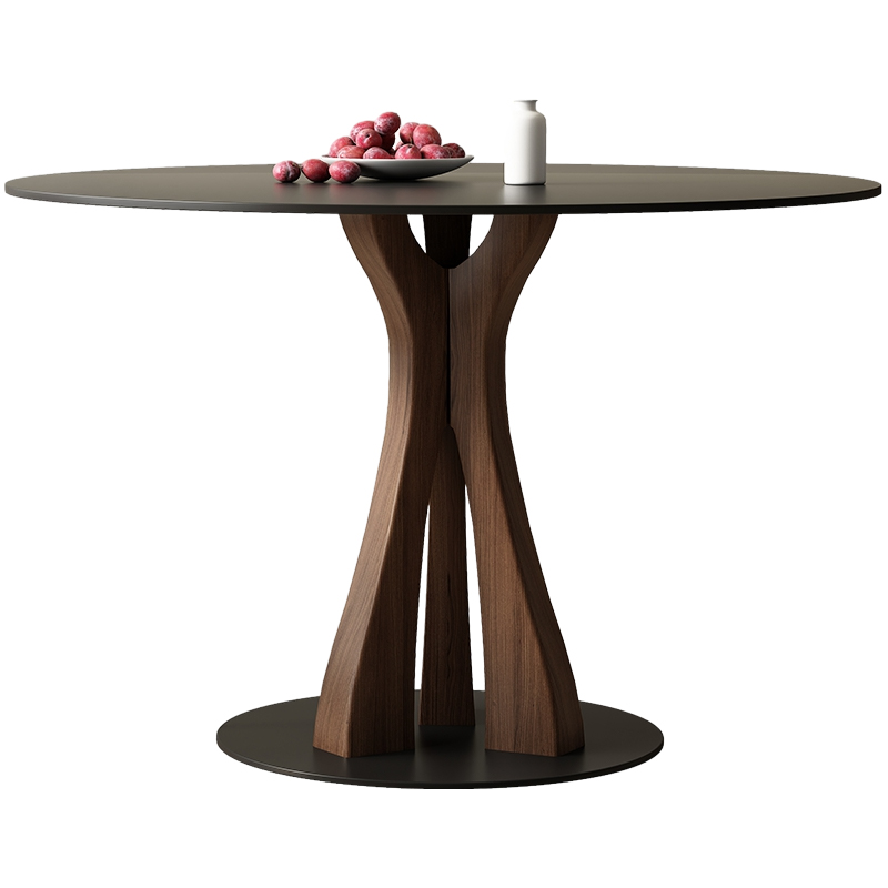 Round Modern Stone Top Dining Table with Solid Wood Pedestal Base