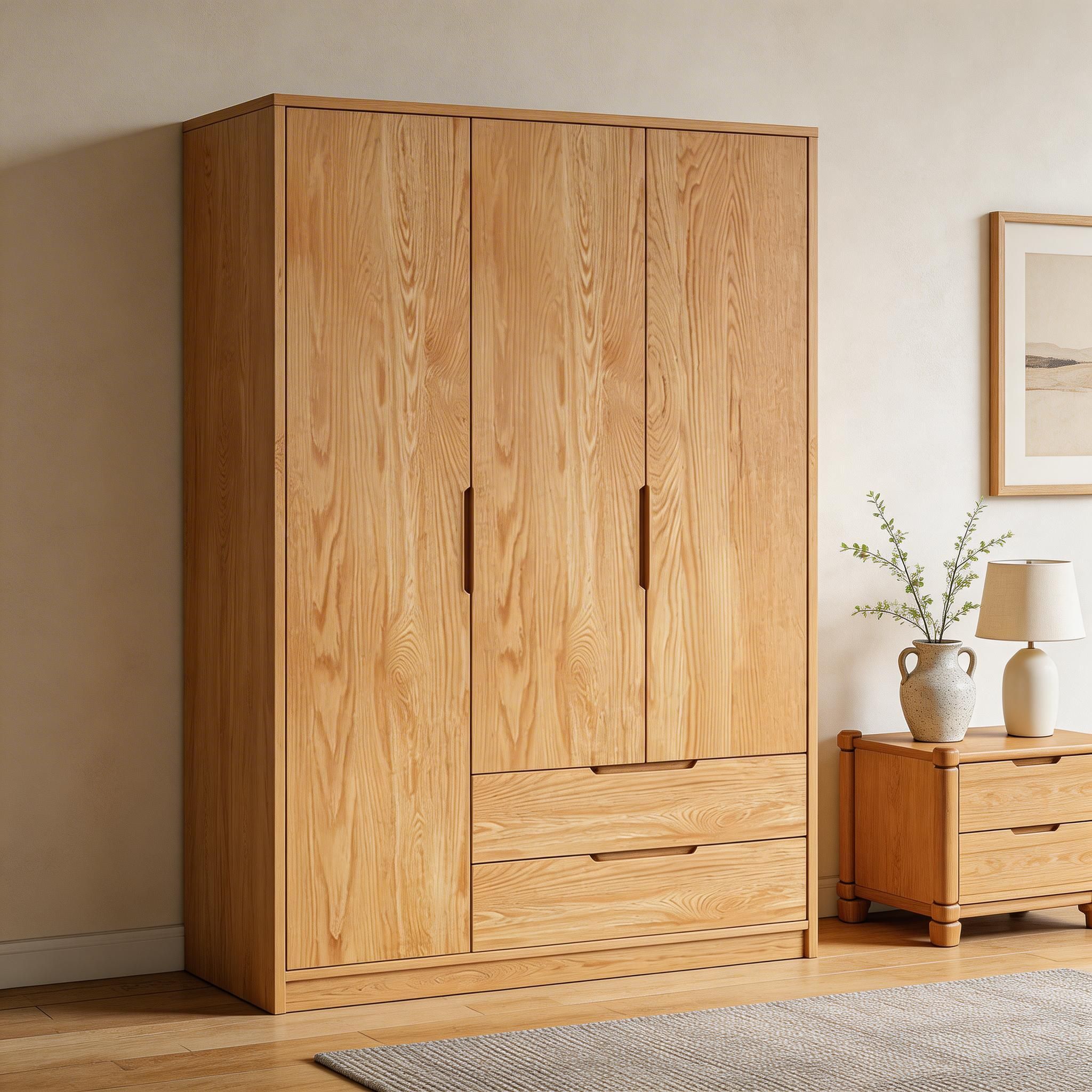 Modern Natural Wood Wardrobe Armoire with Sliding Doors, Drawers, and Shelves - image 32