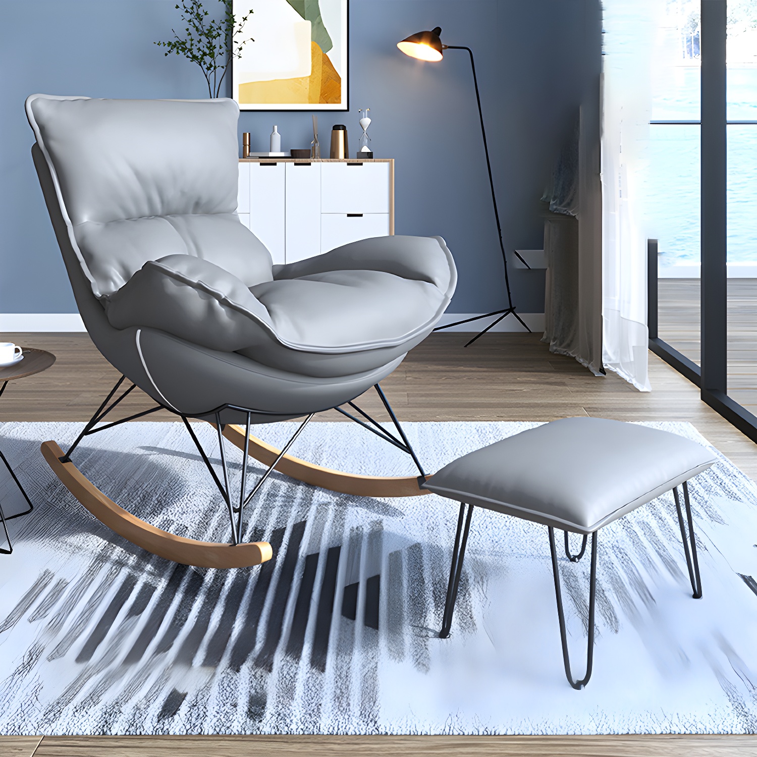Contemporary Rocker Chair Antique Finish Rocking Chair with Ottoman - image 7