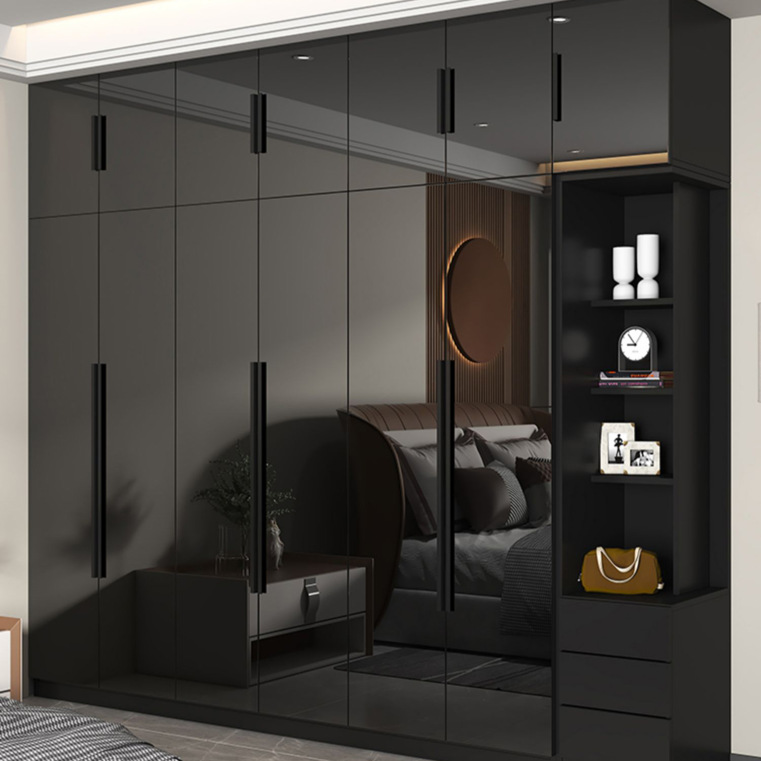 Modern Glass Doors Wardrobe Cabinet Black Bedroom Storage Cabinet Excluding Lighting