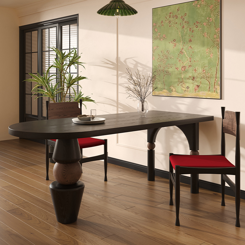Curved Line Wood Slab Dining Table Set with Three Legs