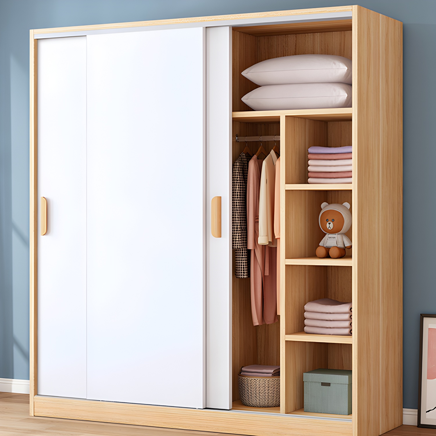 Modern Wood Wardrobe Armoire with Sliding Doors and Shelves Included - image 7