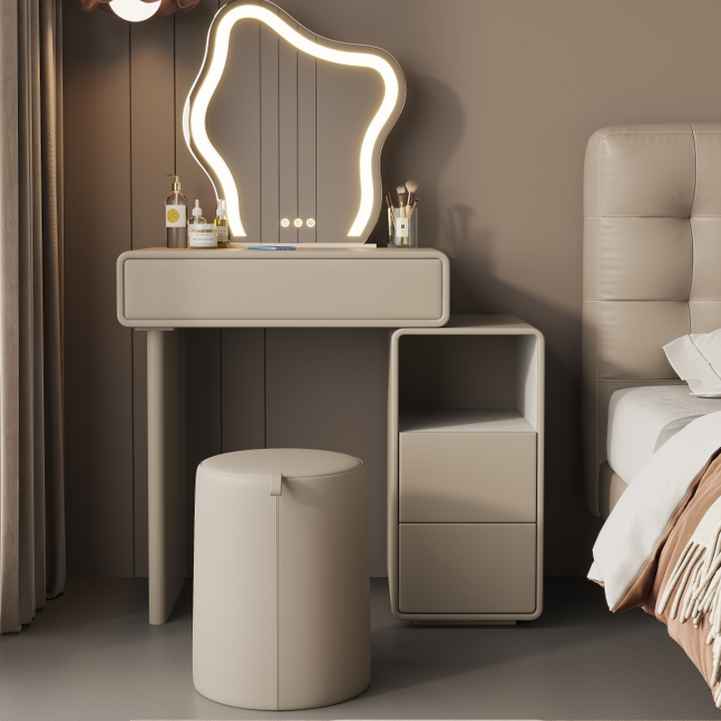 Multi-Purpose Tan Vanity Set with Lighting, Push-Pull, Adjustable Touch, and Adjustable Brightness