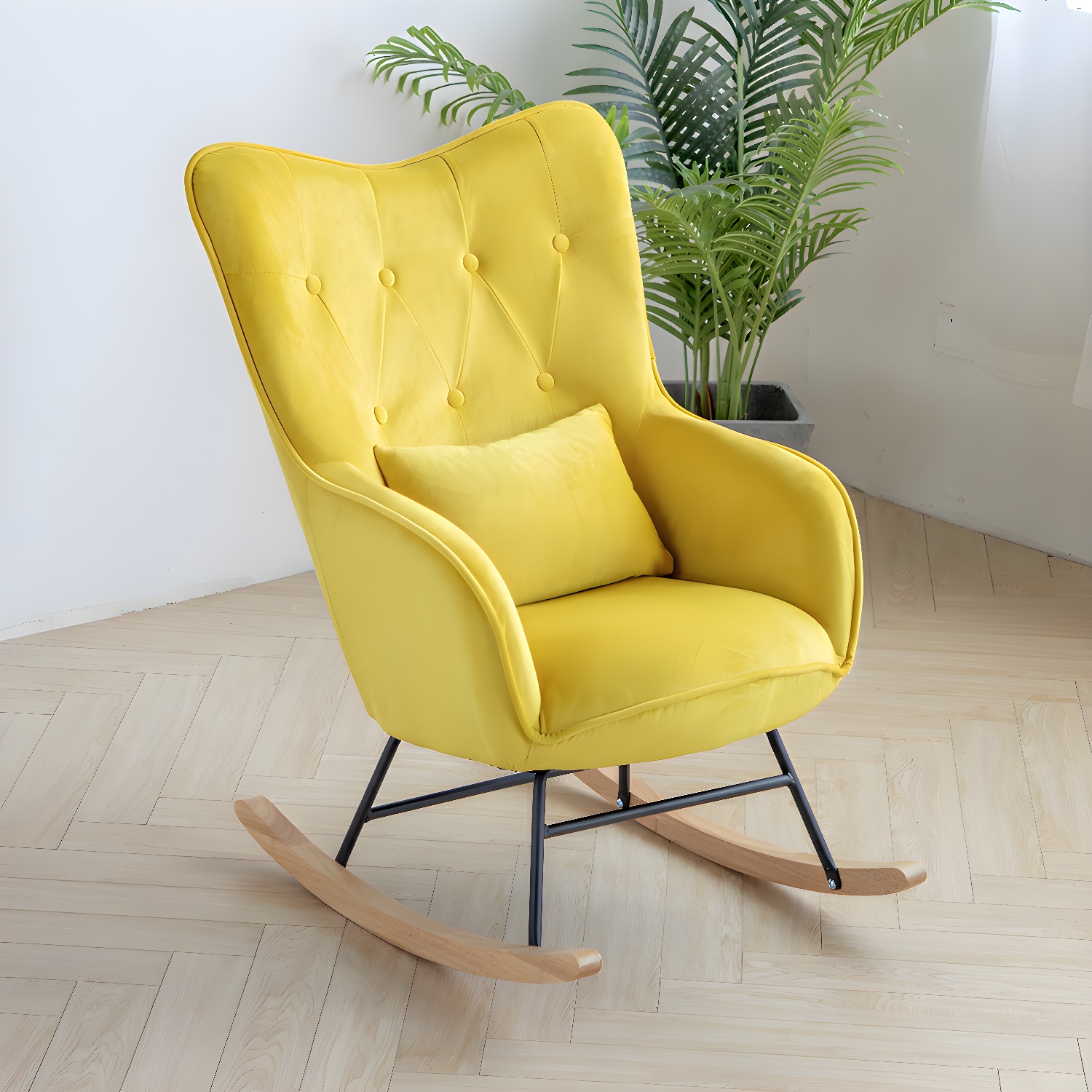Stylish Modern Upholstered Rocking Chair with Natural Wood Legs and Tufted Back Cushion - image 9