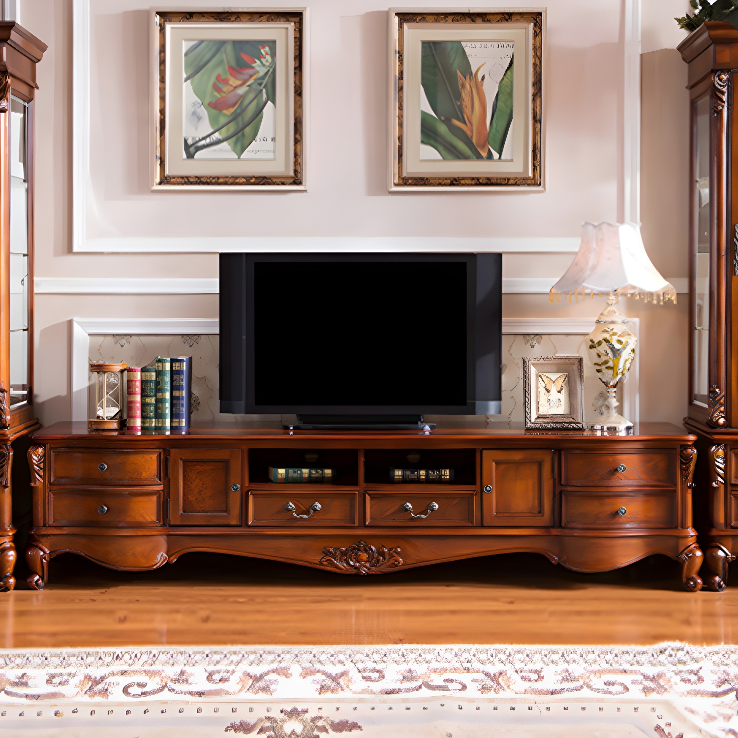 Brown Wooden TV Stand Console Traditional Style Home TV Cabinet with Drawers - image 9
