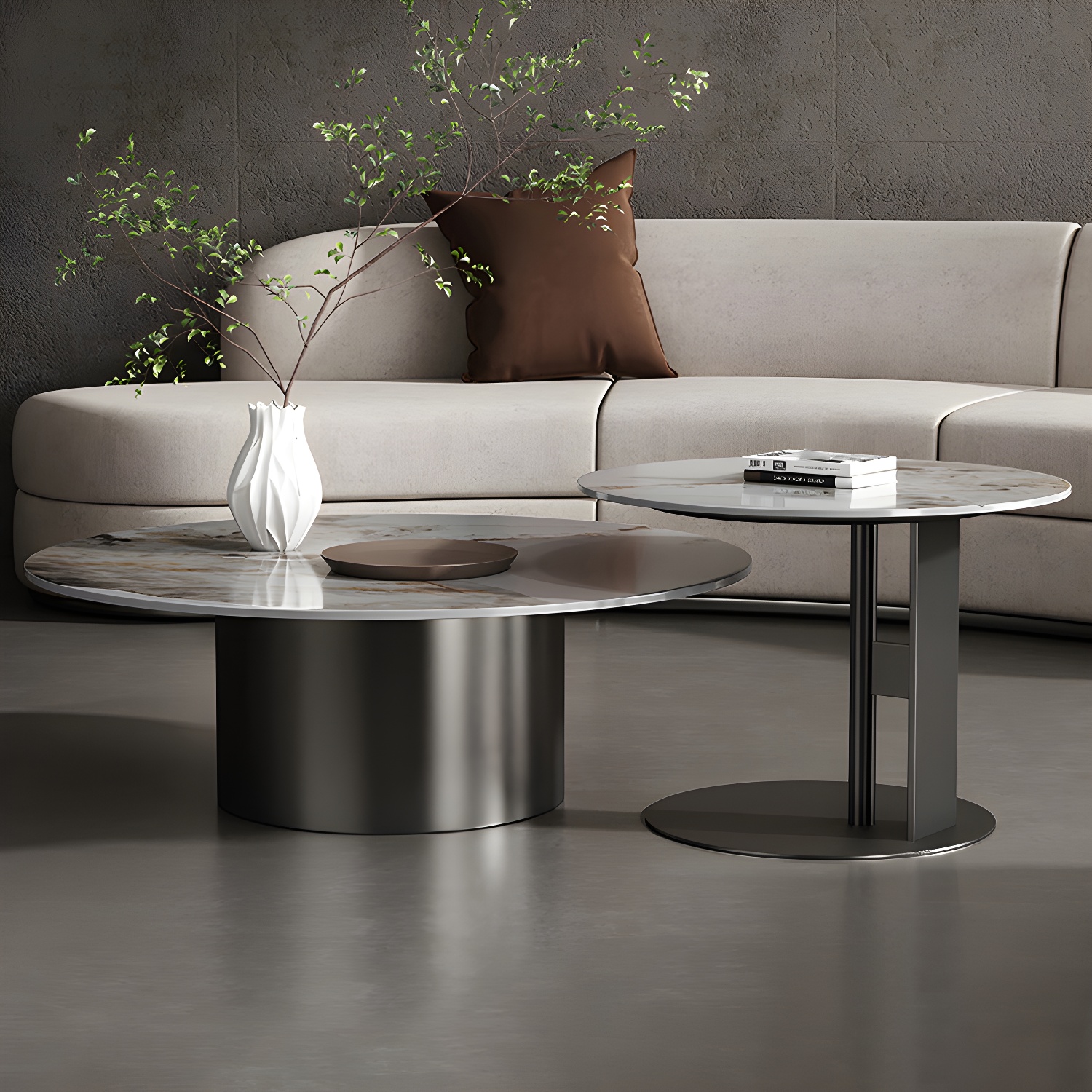 Slate Coffee Table Round Nesting Coffee Table Set with Pedestal Legs - image 3