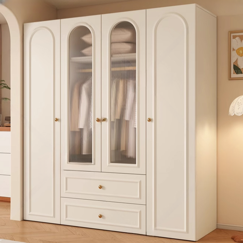 Chalk Modish Natural Wood Wardrobe Closet with Soft Close Drawer, Soft Close Door, Interior Shelves, and Clothing Rod