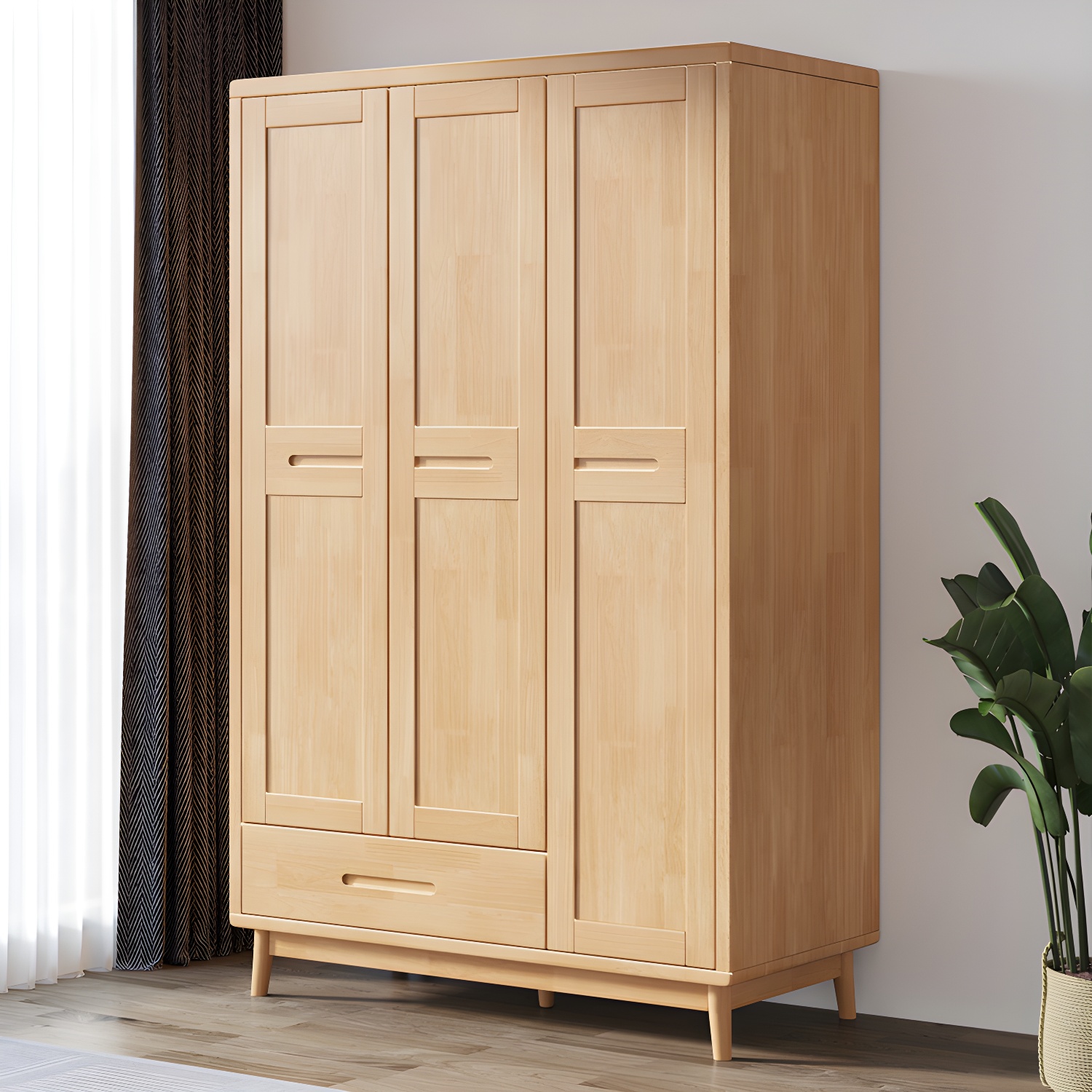 Modern Rubberwood Solid Wood Wardrobe Freestanding Wardrobe with Drawer - image 3