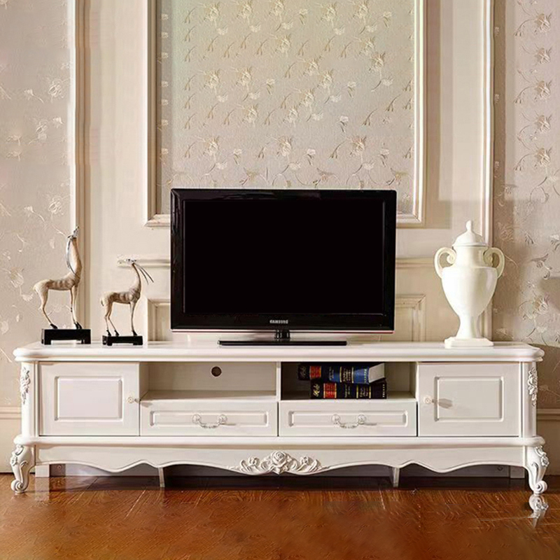 White Wood TV Stand with Drawers and Cabinets featuring Cable Management - image 3