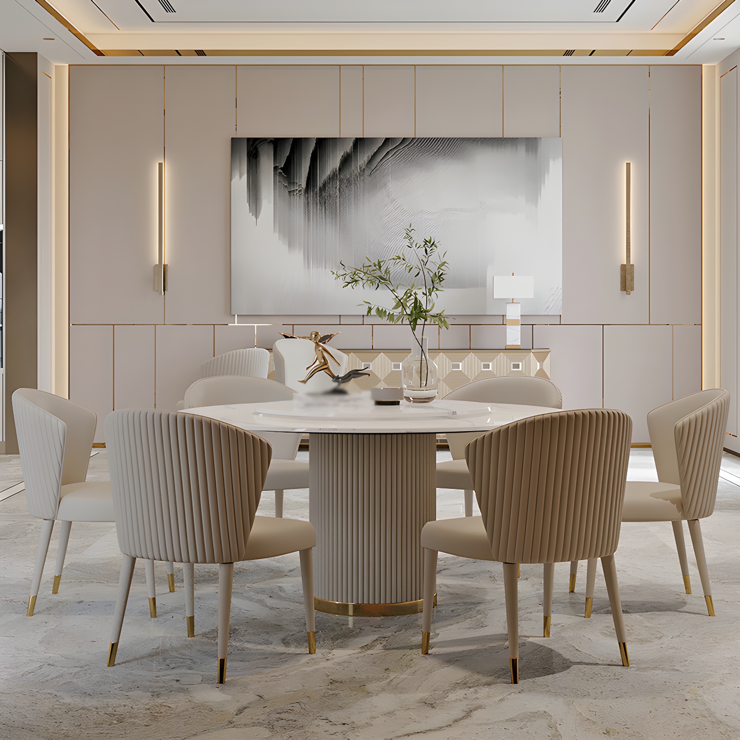 Modern 1/4/5/7 Pieces Round Dining Set Sintered Stone Dining Table Set with Leather Chairs - image 4