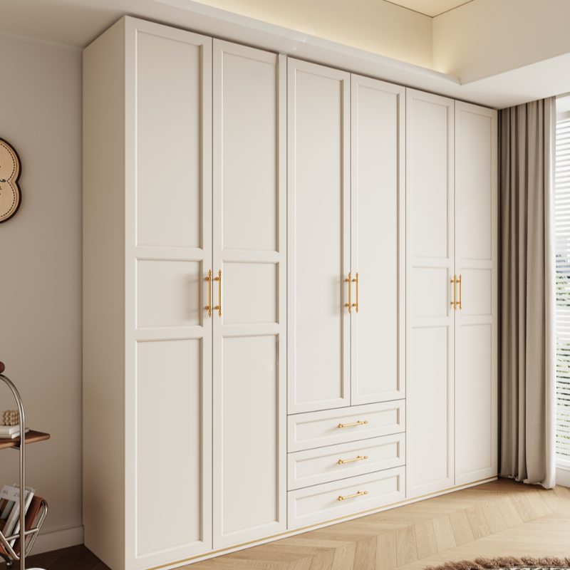 White Minimalist Natural Wood Wardrobe Closet with Soft Close Drawer, Soft Close Door, Interior Shelves, and Clothing Rod