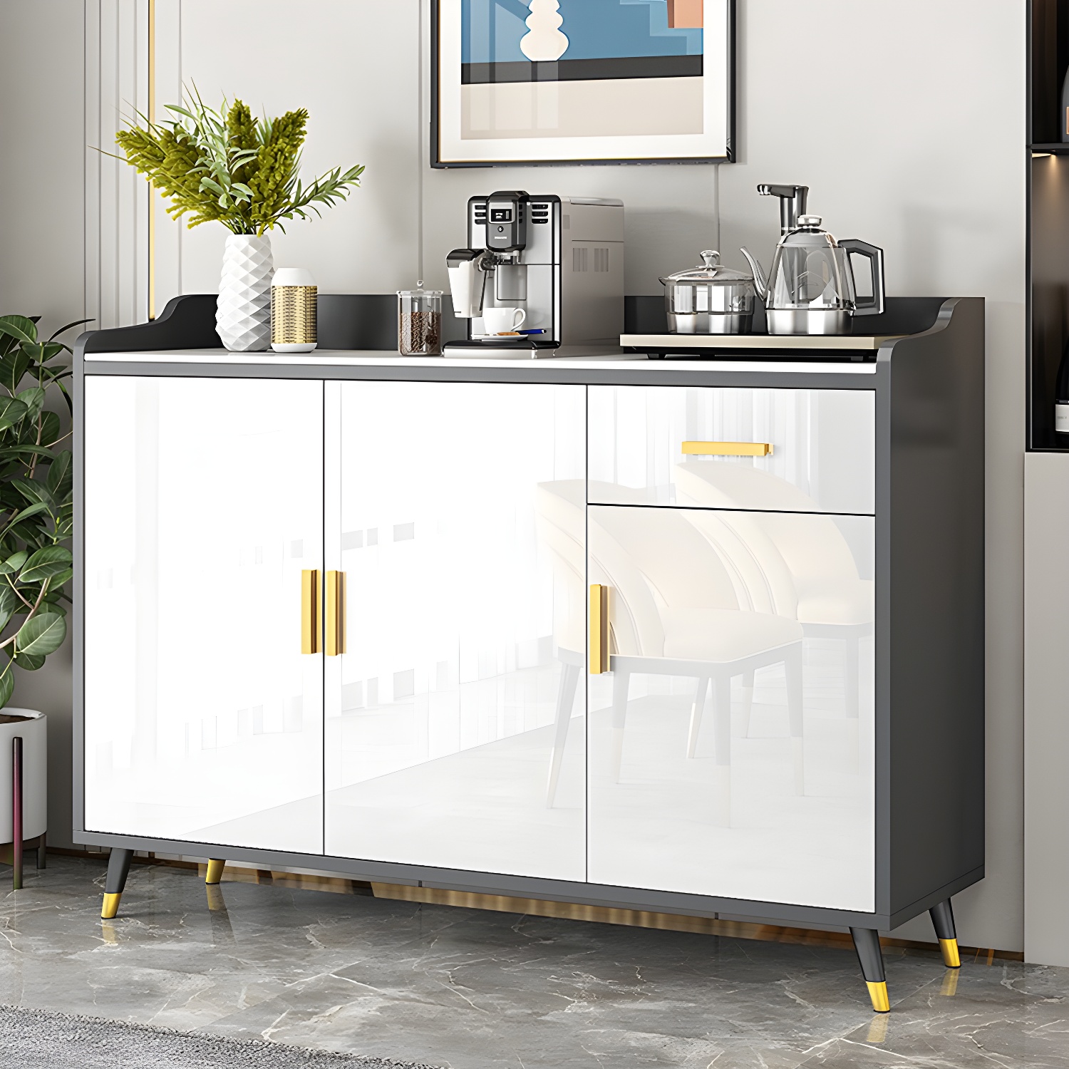 Modern Stone Top Shelves Included Sideboard with White & Grey Manufactured Wood Door - image 5