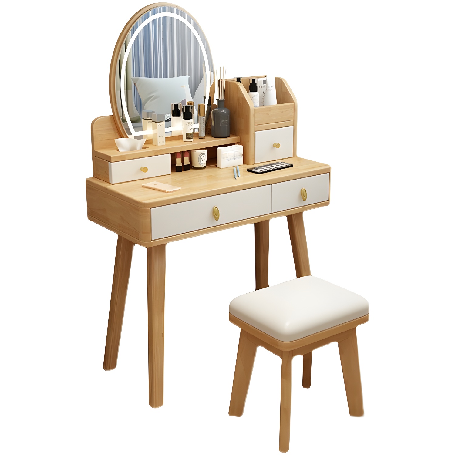 Modern Wood Makeup Vanity with Drawers, Mirror & Upholstered Chair - image 10