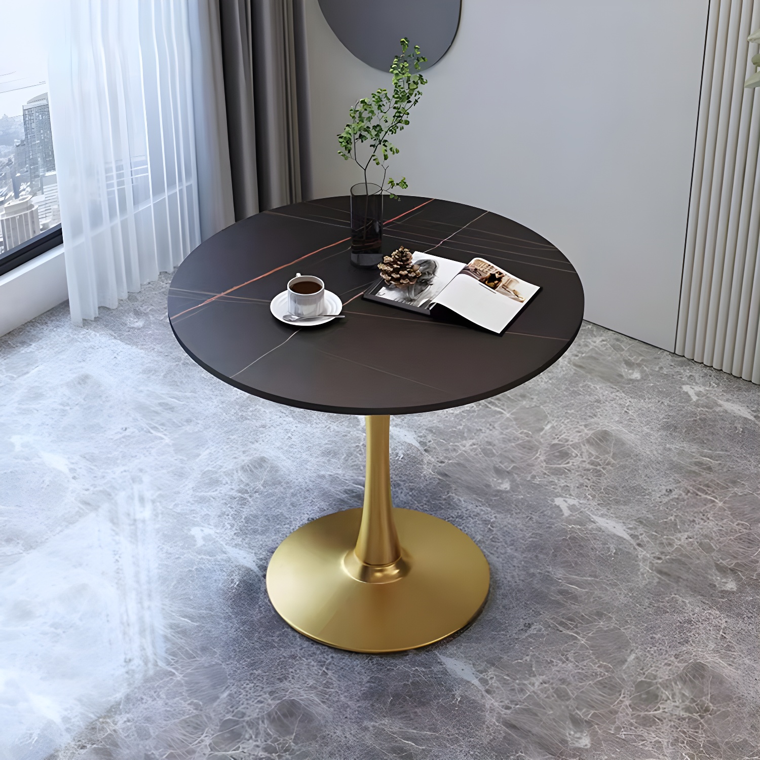 Traditional Luxury Rounded Dining Table Stone and Metal Tulip Dining Table - image 3
