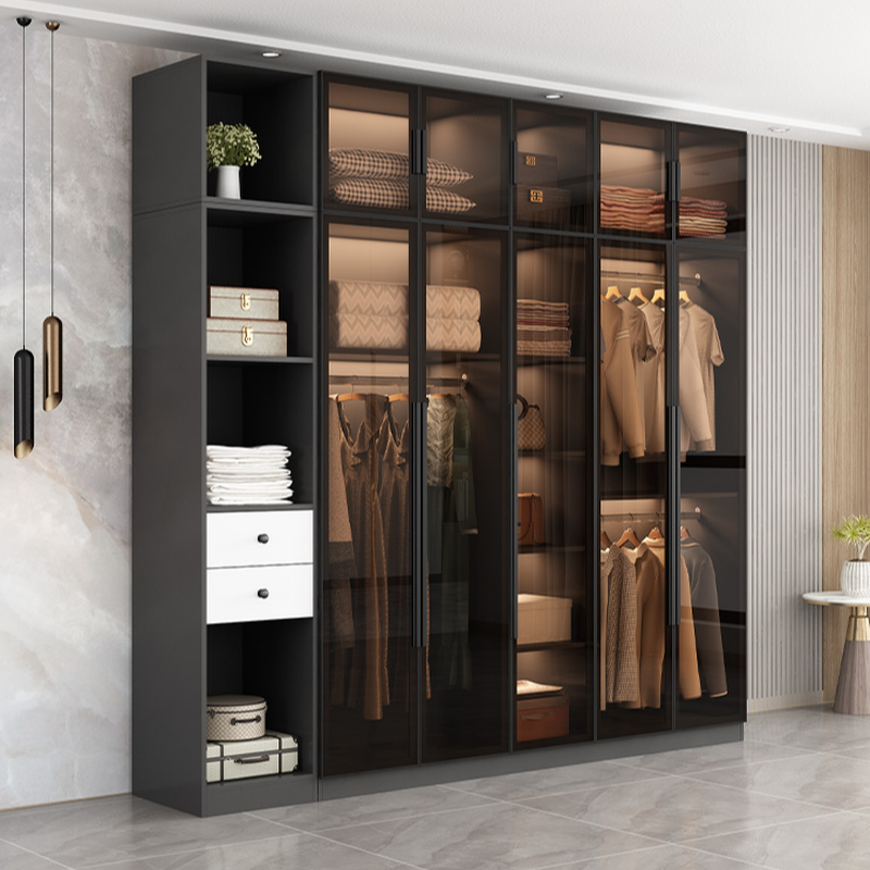 Ink-Colored Manufactured Wood Detached Wardrobe Closet with Soft Close Drawer, Door, Interior Shelves, and Clothing Rod
