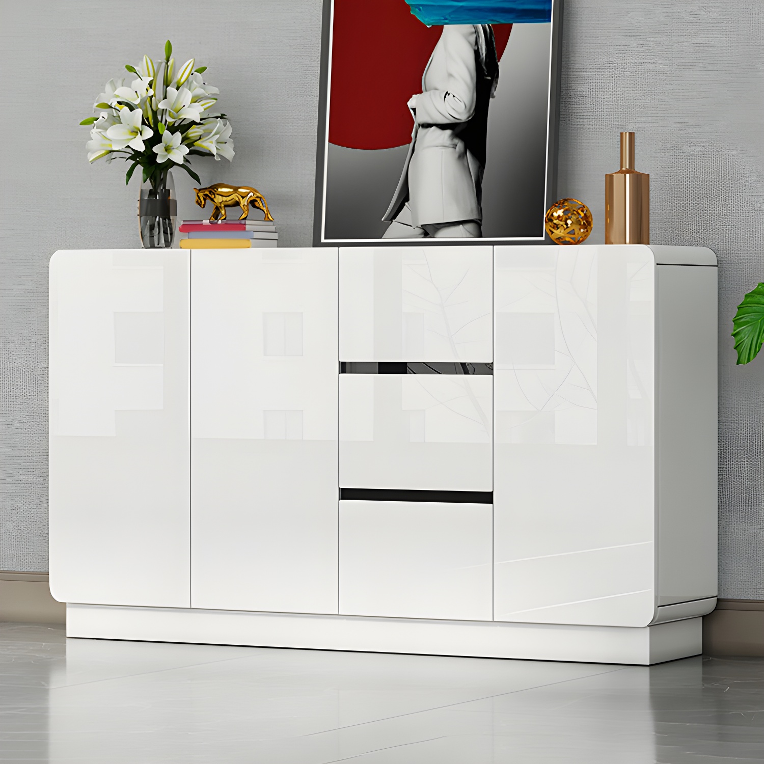 White Modern Sideboard Credenza with Adjustable Shelving and 3 Drawers - image 2