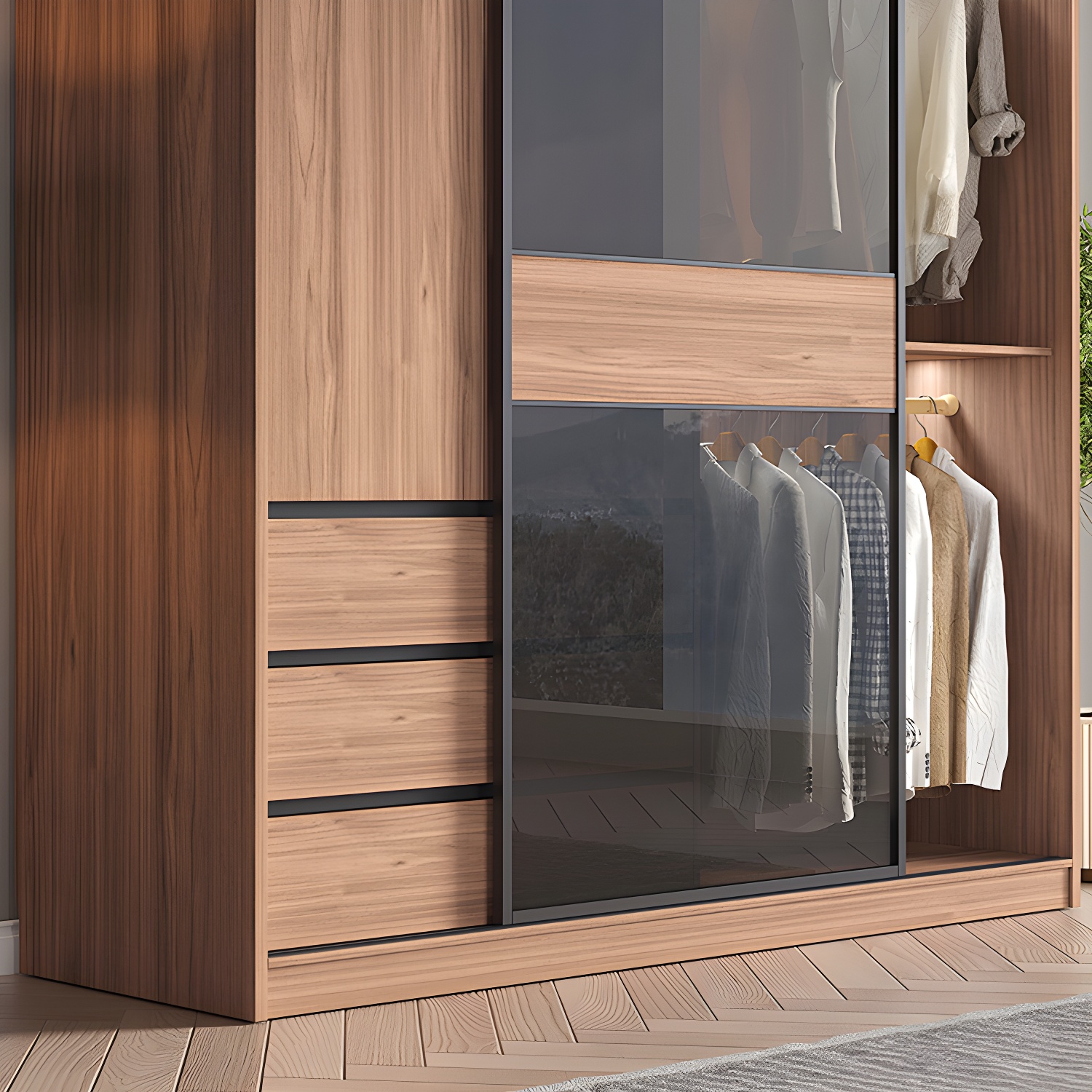 Glass and Wood Wardrobe Cabinet Brown Wardrobe Armoire with Garment Rod - image 8