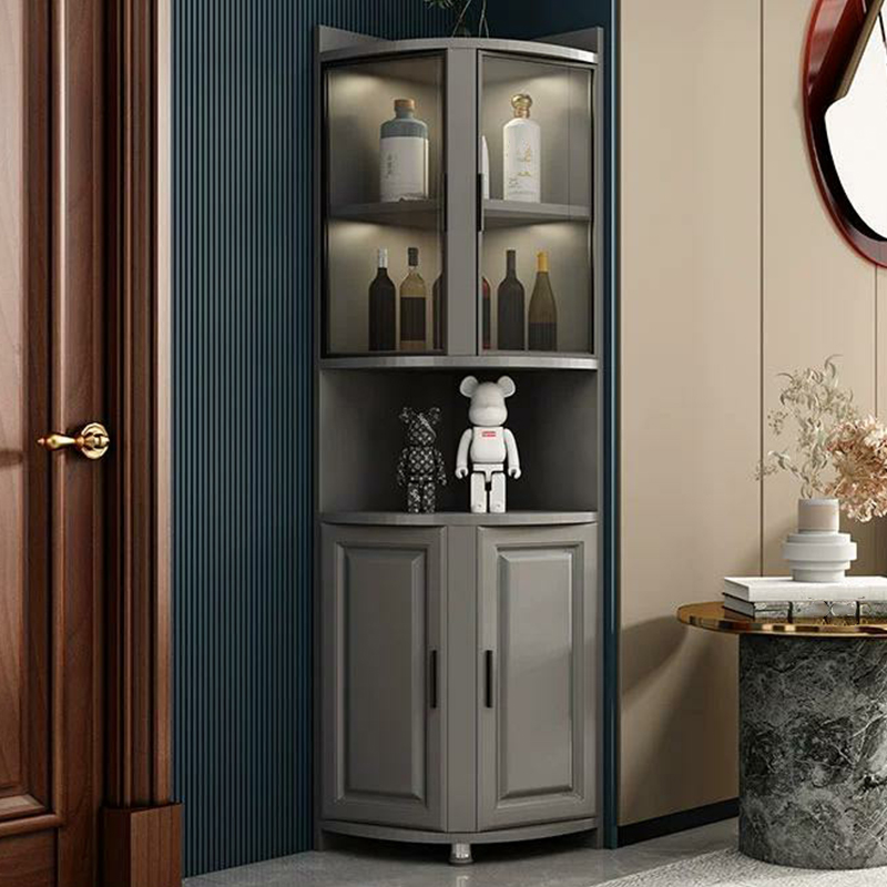 Modern Grey Corner Accent Cabinet with Gold Metal Base and Glass Doors - image 2