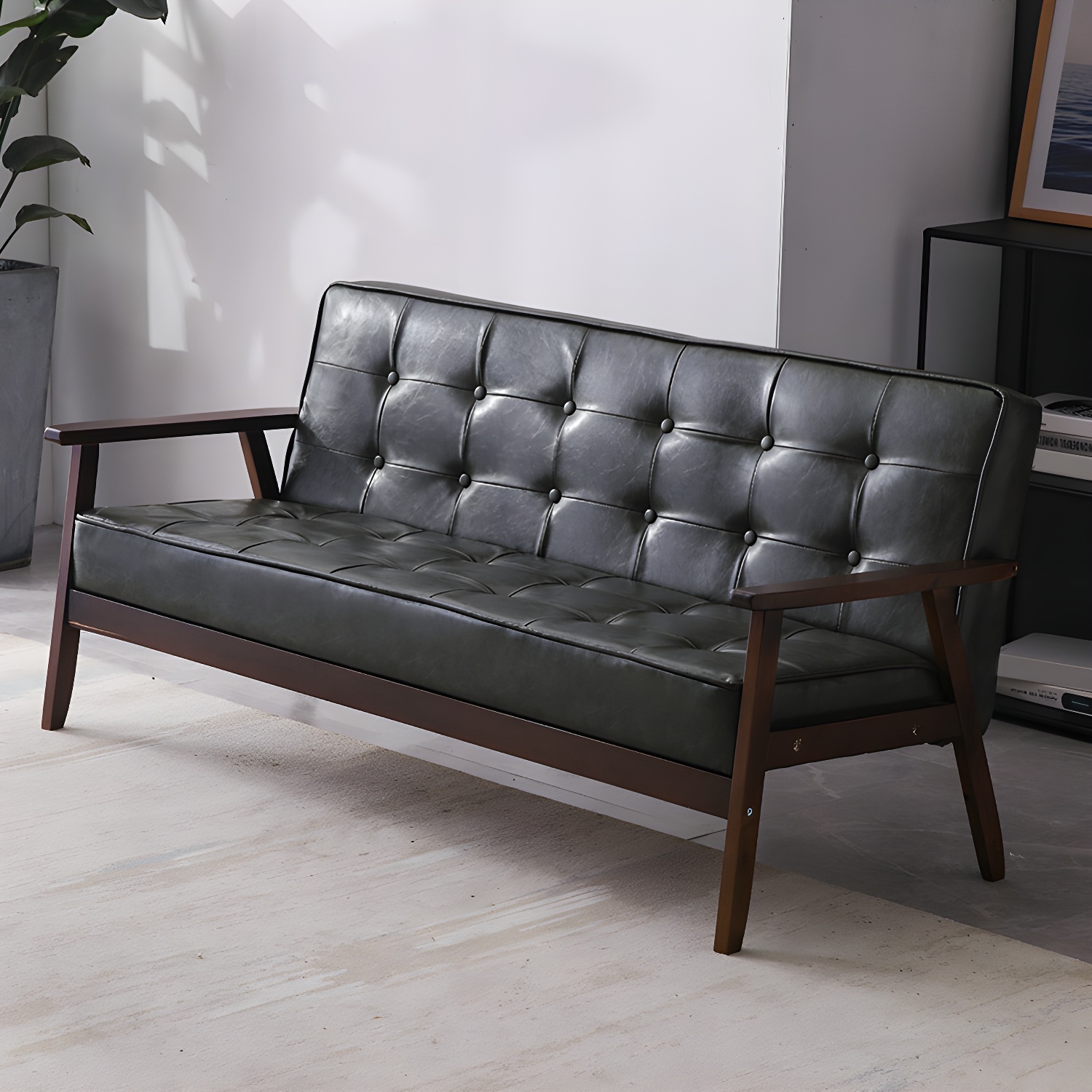Mid-Century Modern Pine Wood Sofa with Tufted Back and Single Cushion Design - image 19